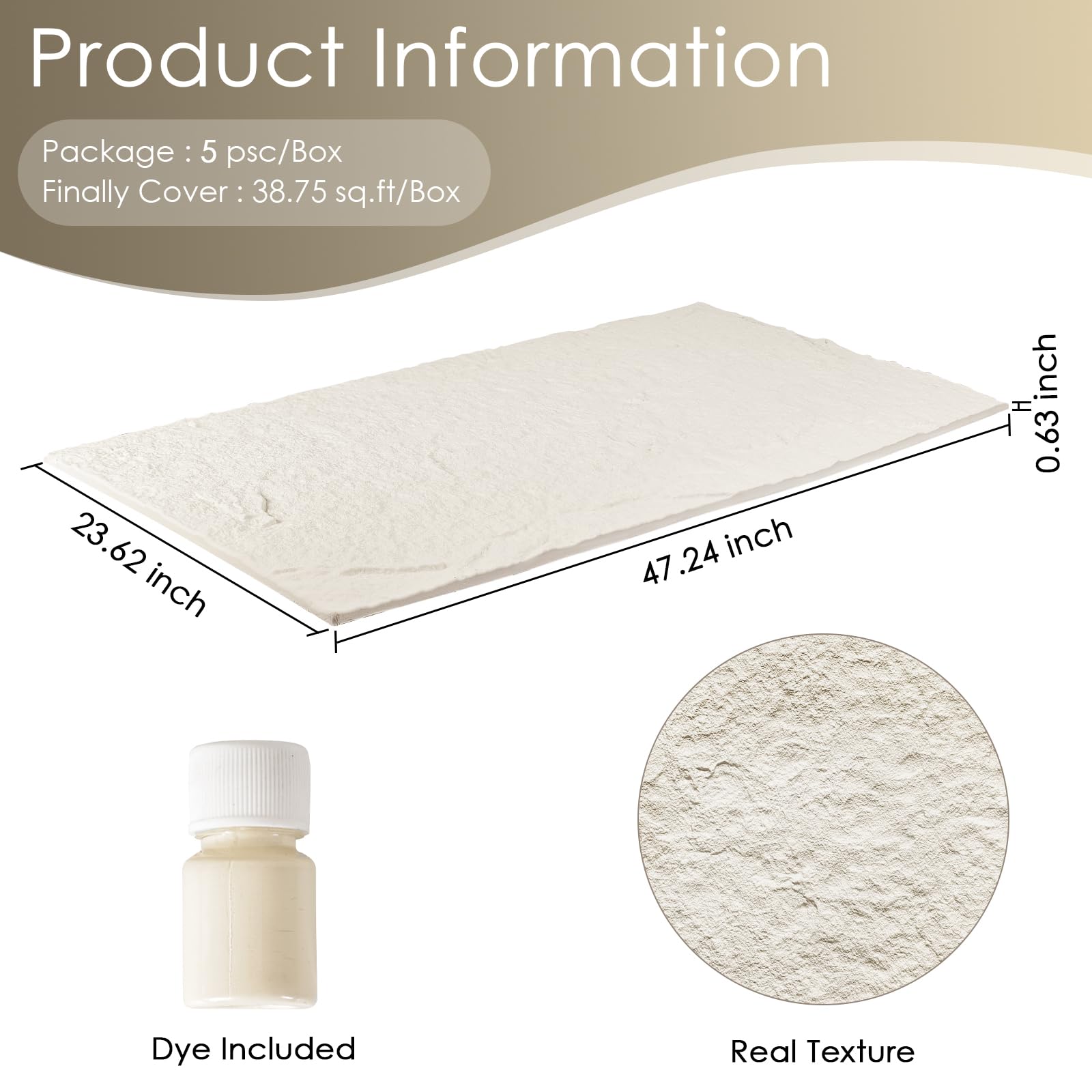 Confezione da 5 pannelli da parete 3D in finta pietra, pannelli in PU con texture in cemento per pareti interne, impermeabili e leggeri, copre 120 x 60 cm, per parete TV, ufficio, soggiorno