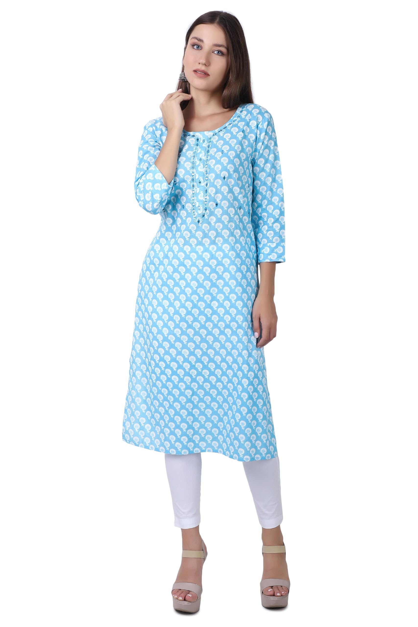 LadylineWomen's Cotton Tunic Top Kurti - Floral Printed and Embroidered Mirror Work Kurta Dress