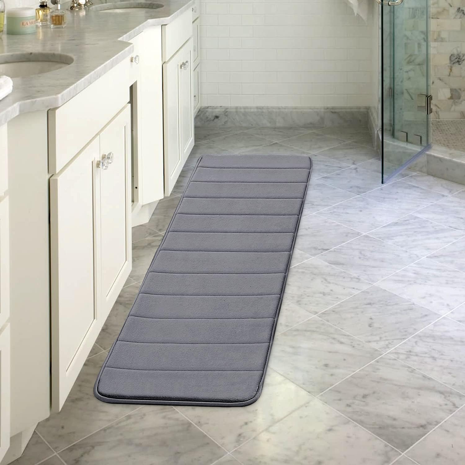 Flamingo P Memory Foam Bath Mat Rug, Non Slip Absorbent Bathroom Runner Rugs Quick Dry Machine Wash, 47x17 Inches, Grey