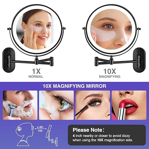 Miniatura 5 de Espejo de maquillaje recargable montado en la pared, espejo de baño de doble cara de 8.5 pulgadas con aumento de 110x con 3 luces de color, espejo