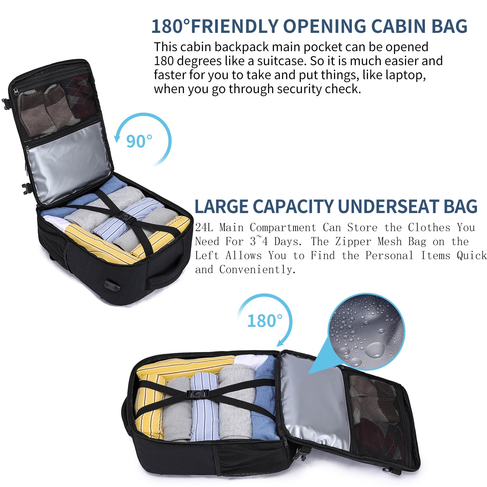Zaino 40x30x20 per Ryanair Bagaglio a Mano per Wizzair Eurowings Zaino da Viaggio Aereo 24L Borsa da Cabina per Voli,14 Pollici Zaino Porta PC con Caricatore USB Zaino da Viaggio per Donna Uomo,Nero