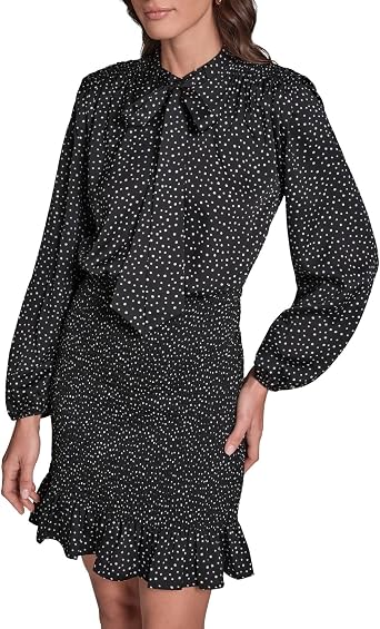 BCBG Womens Long Sleeve Tie Neck Smocked Short Polka Dot Dress
