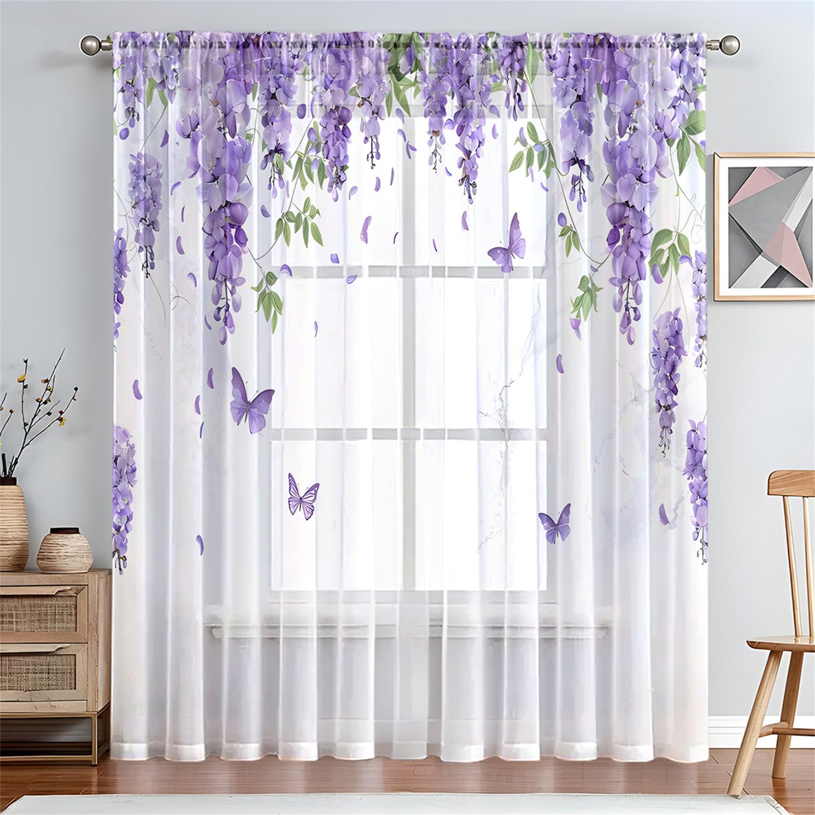 Surwin Net Curtains for Windows, Voile Curtain, 1 Panels Romantic Butterfly Print with Eyelets, Semi Transparent Lightweight Voile Panel for Living Room Bedroom Balcony (Wisteria,W132xH160cm)