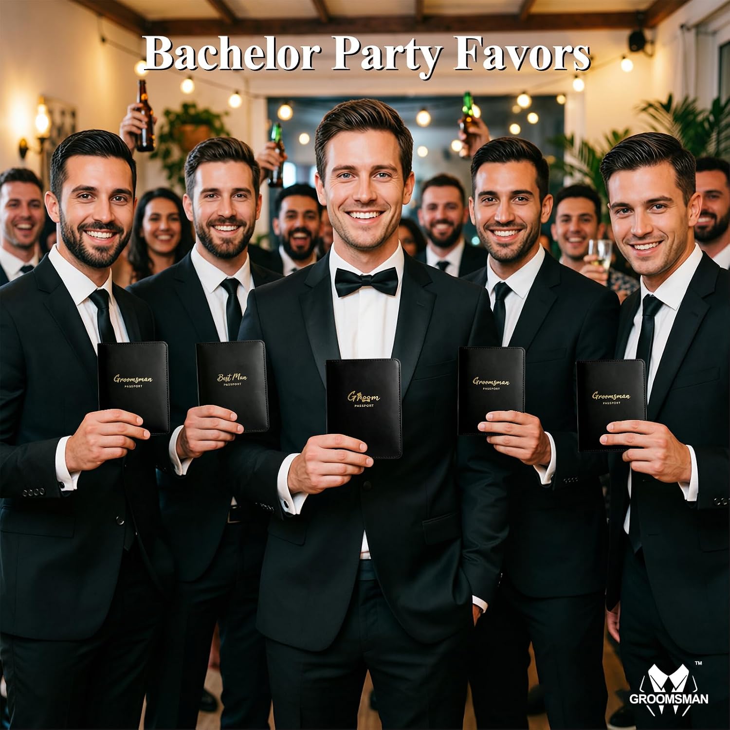 GROOMSMAN 6-Pack Groomsmen Proposal Gifts, Passport Holder Set for Bachelor Party & Wedding, PU Passport Cover with RFID Blocking for Best Man (A:GROOMSMAN)