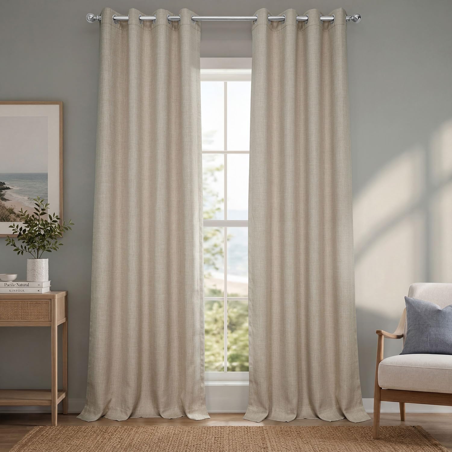 Grommet Faux Linen Curtains for Bedroom (1 Panel) - 50W X 96L, Thatched Tan