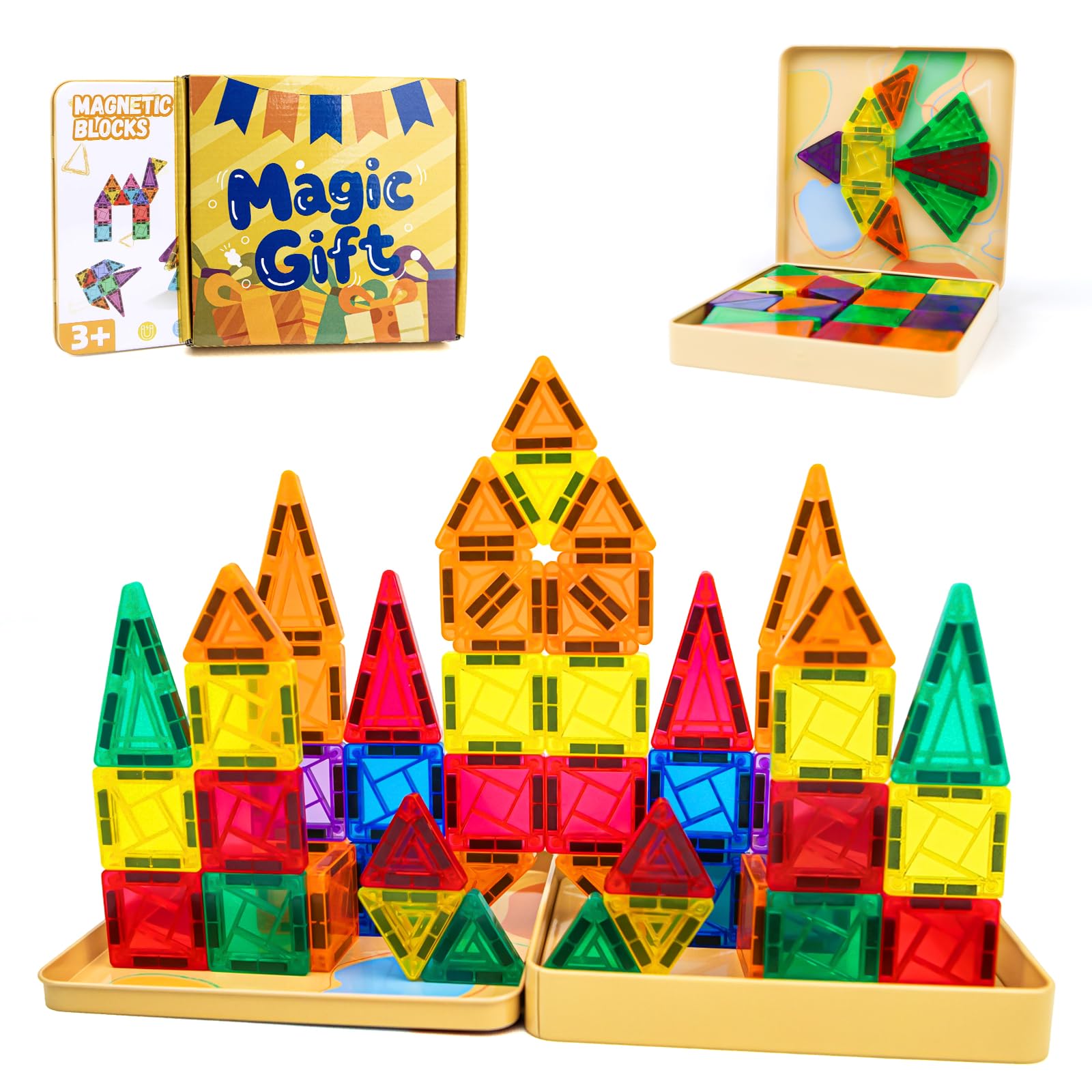 Riswistoy Mini Magnetic Tiles 60 Piece - Magnetic Blocks Travel Set, Magnet Building Tiles, Ideal Activities Travel Toys for Kids, Building Construction Set for On - the - Go Fun