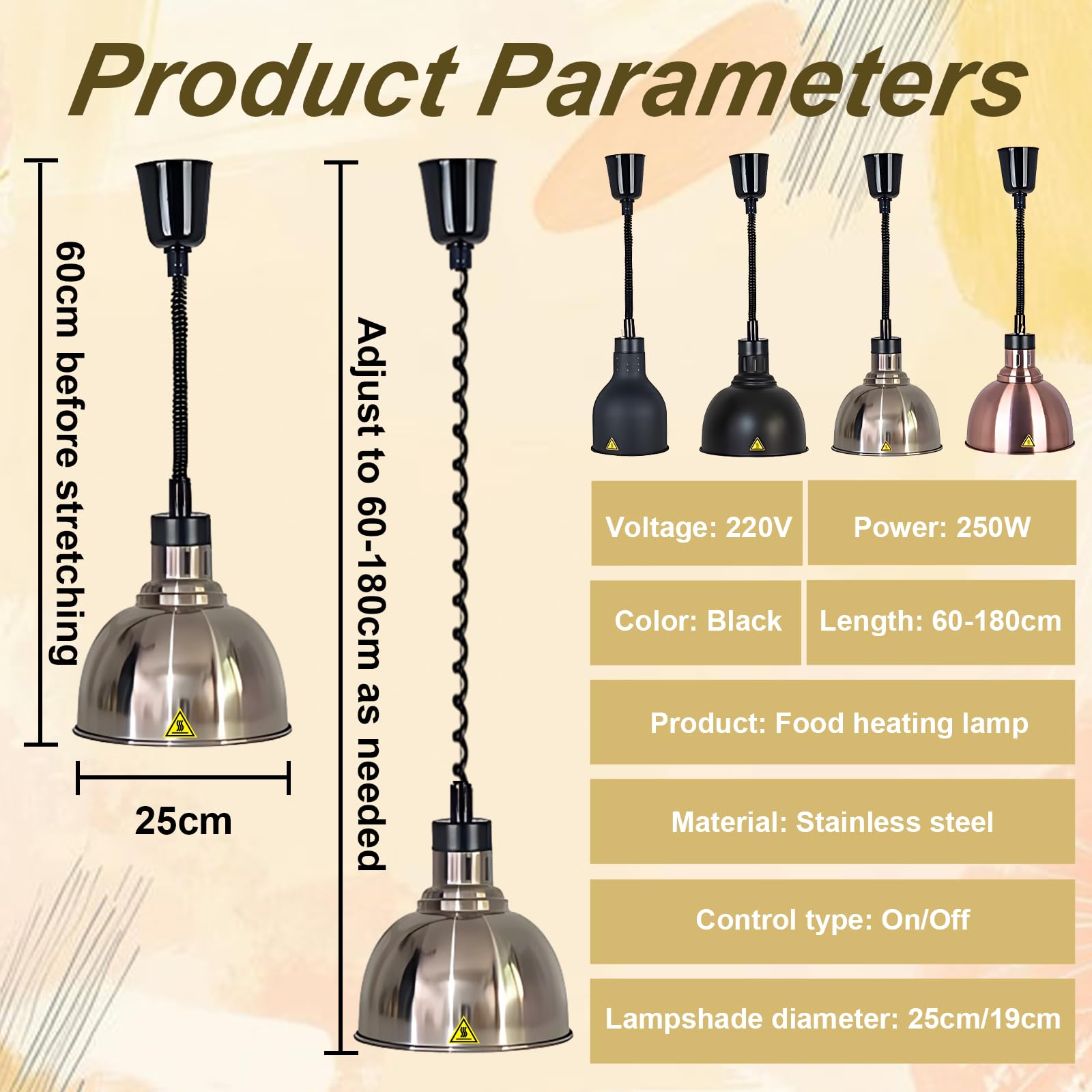 Lampe Chauffante Cuisine Professionnelle, Lampe Chauffe Plat Infrarouge Cuisine Suspendu, 19/25cm Lampe Chauffante Alimentaire Réglable Commerciale Cuisine, Restaurant, Buffet(A-25cm,2 Pièces)