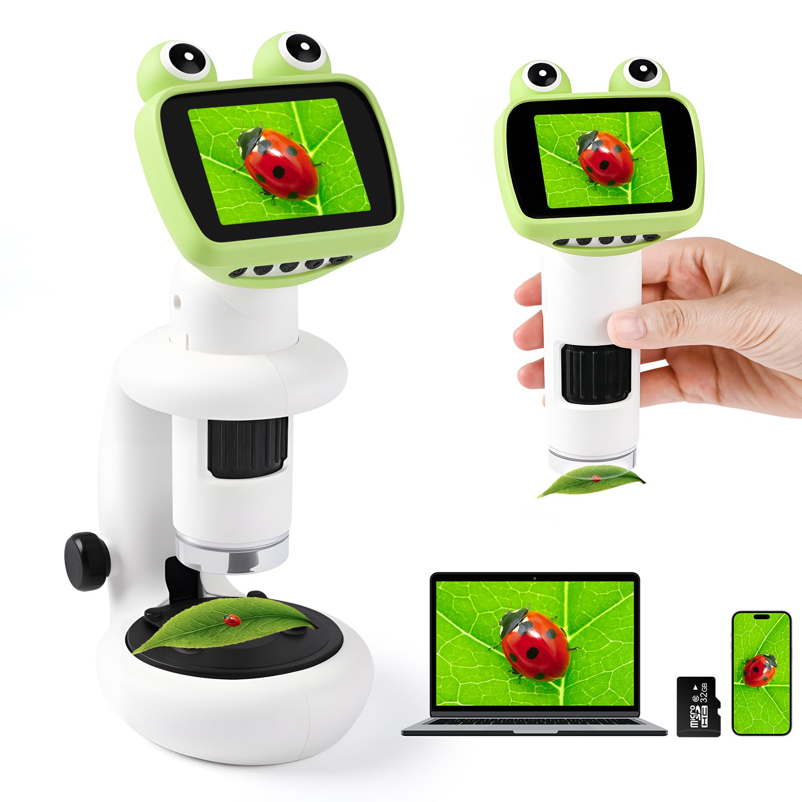 GuKKK Microscopio para Niños, Microscopio IPS de 2.0 Pulgadas,Minimicroscopio 1000X USB WiFi HD 1080P,Tarjeta de 32 GB,Microscopi Portátil para Niños con LED Fotos y Videos, Función Portátil y Fija
