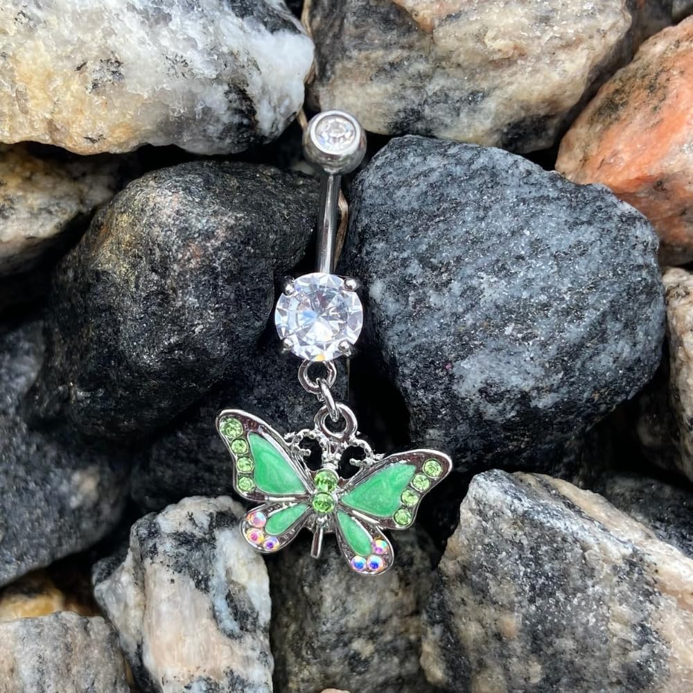 Pierced Owl - 14GA Stainless Steel CZ Crystal Butterfly Dangling Belly Button Ring