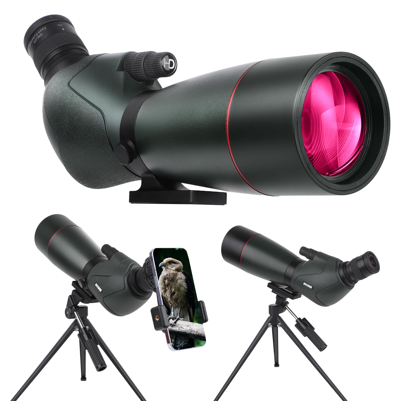 Cannocchiale,telescopio impermeabile con treppiede con prisma BAK4, adattatore per telefono, borsa per il trasporto, per l'osservazione degli uccelli e la caccia (MY-GN0039G(25X))