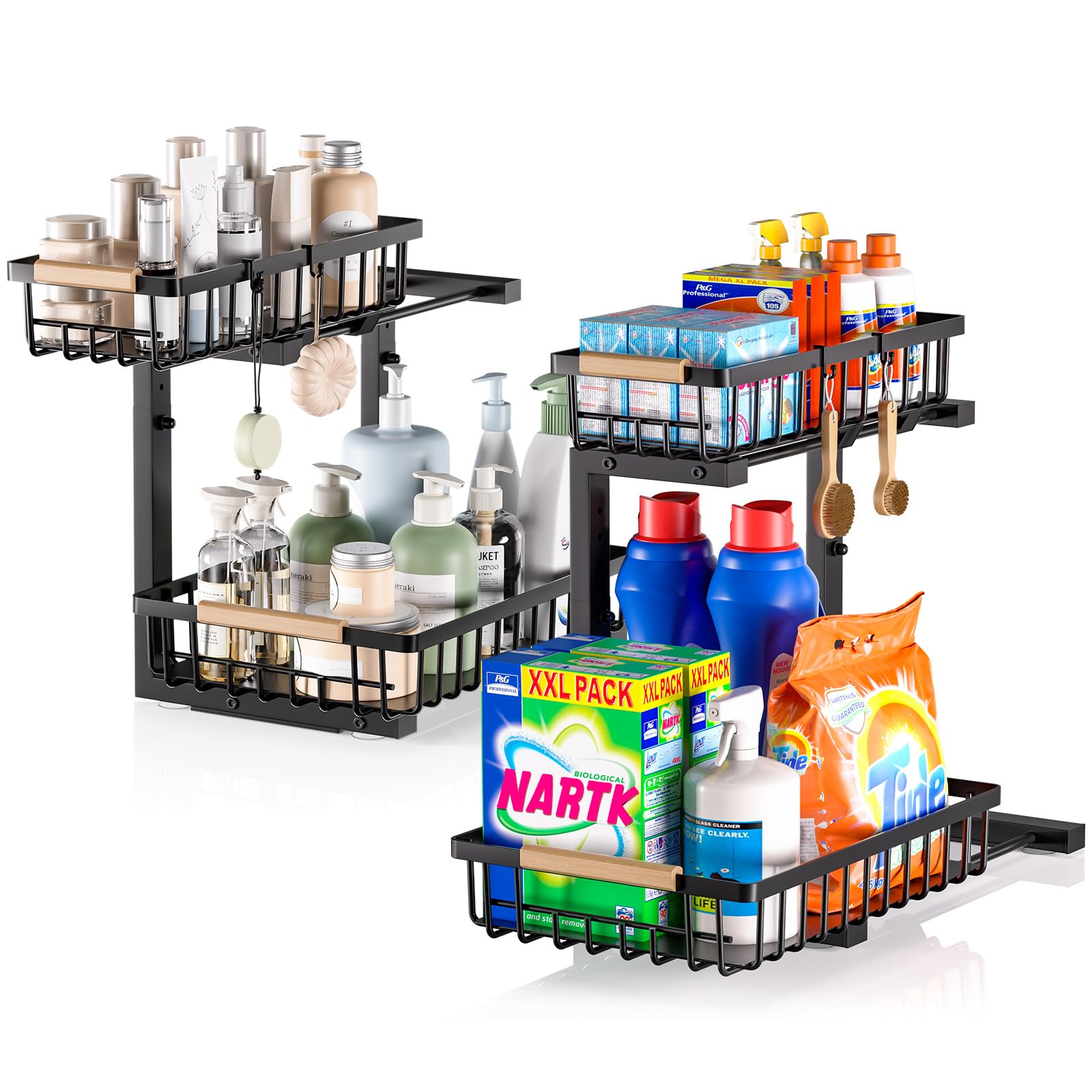 Accwork Lot de 2 Organisateurs Sous Évier Coulissants, Étagère de Rangement 2 Niveaux en L, Hauteur Réglable 35,5-43,5 cm, Paniers en Acier, pour Placard Cuisine, Salle de Bain, Buanderie