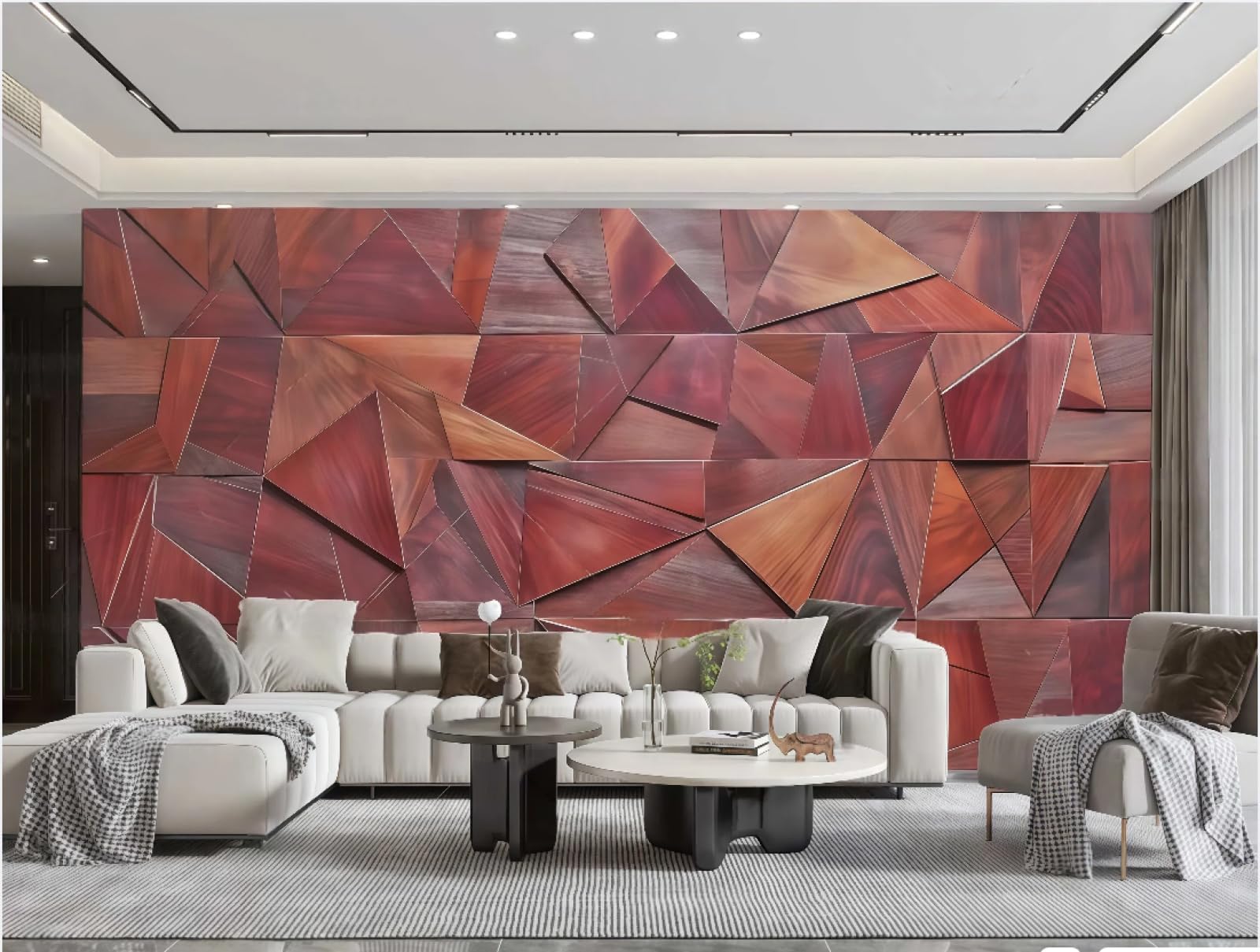 Tapeta nowoczesna minimalistyczna mahoń sztuka trójkąt kolaż geometryczny słoje drewna tłoczony obraz telewizor sofa tło tapeta ścienna salon restauracja kawiarnia, 3D, 430x300 cm