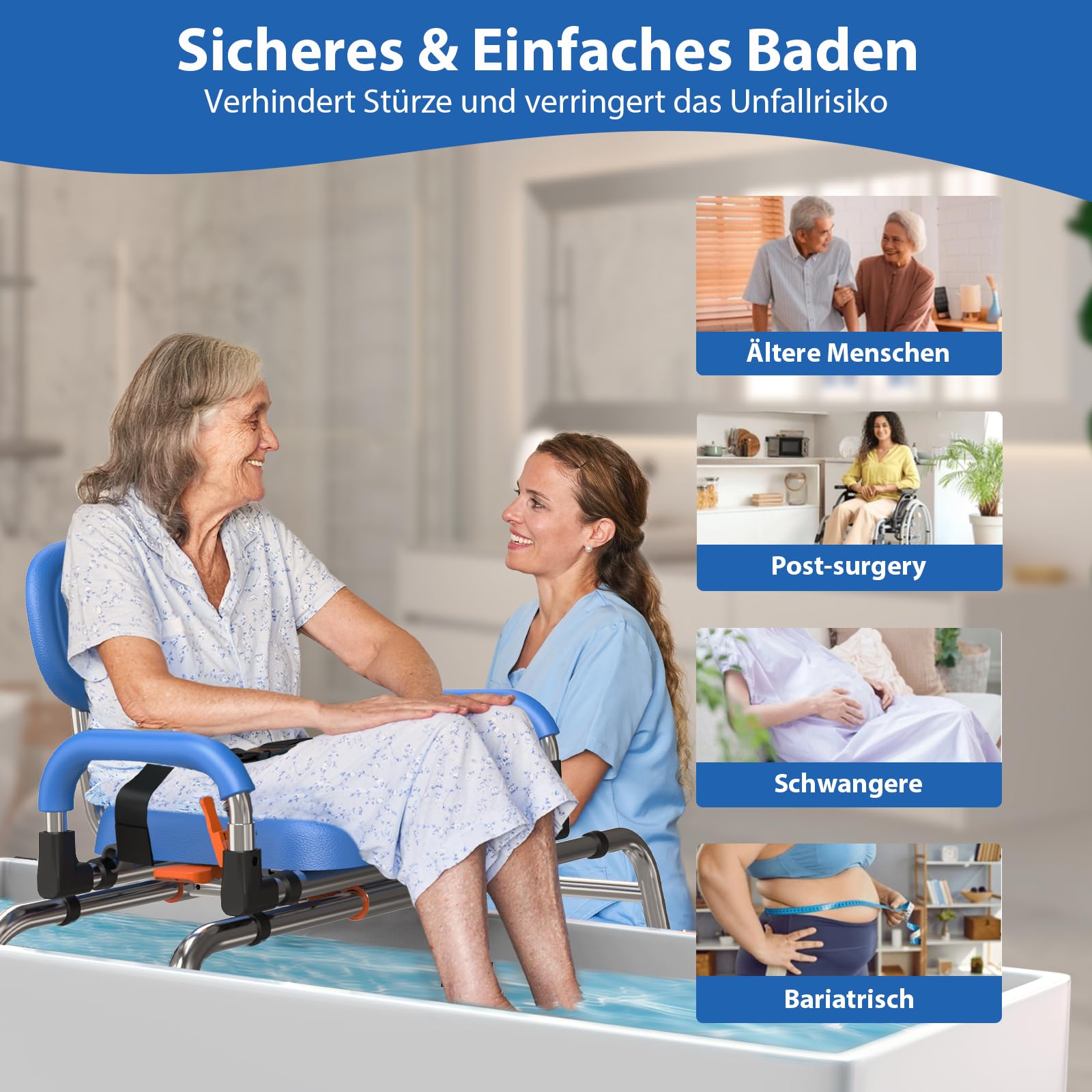 Gleitender Duschstuhl mit 360° drehbarem Sitz, 204kg Wannen-Transferbank | 1,4 mm Luftfahrt-Aluminiumrahmen, 450 lbs Tragkraft. Höhe & Breite verstellbar, 360° drehbarer Sitz