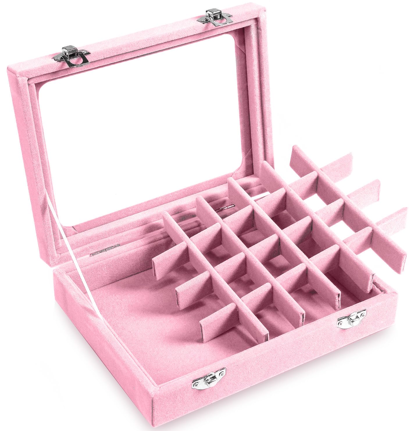 Portagioie 24 Scomparti In Legno Con Vetro - Organizer Per Anelli, Orecchini, Collane, Grigio