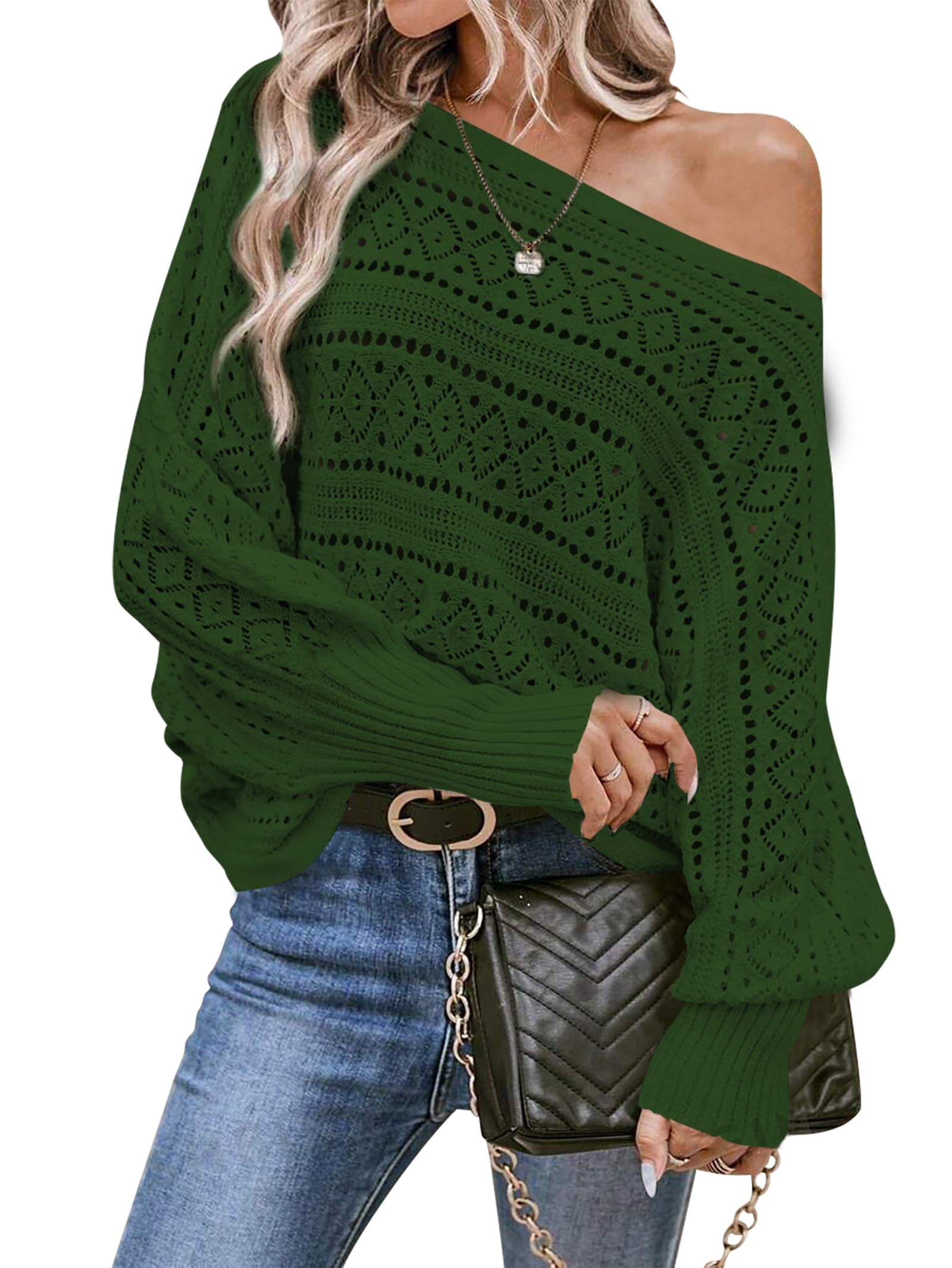 Cakulo Womens Off Shoulder Sweater Top Fall Outfits Fashion 2025 Oversized Knit Batwing Long Sleeve Crochet Pullover Sweaters