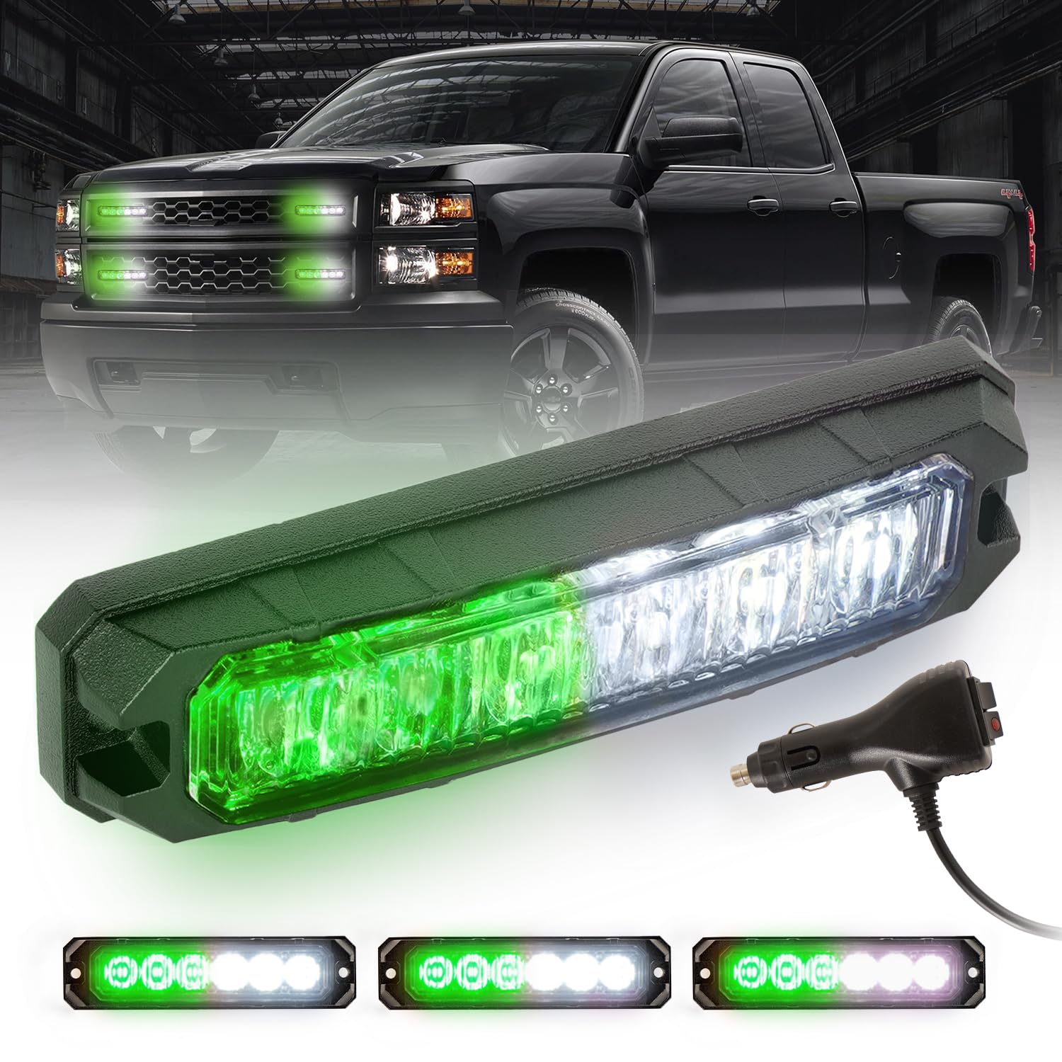 4PCS 6 LED Surface Mount Emergency Hazard Warning Strobe light，Emergency Strobe Lights Kit, Warning Hazard Flash Strobe Lights Bar for Car SUV Pickup Truck Van Green/White