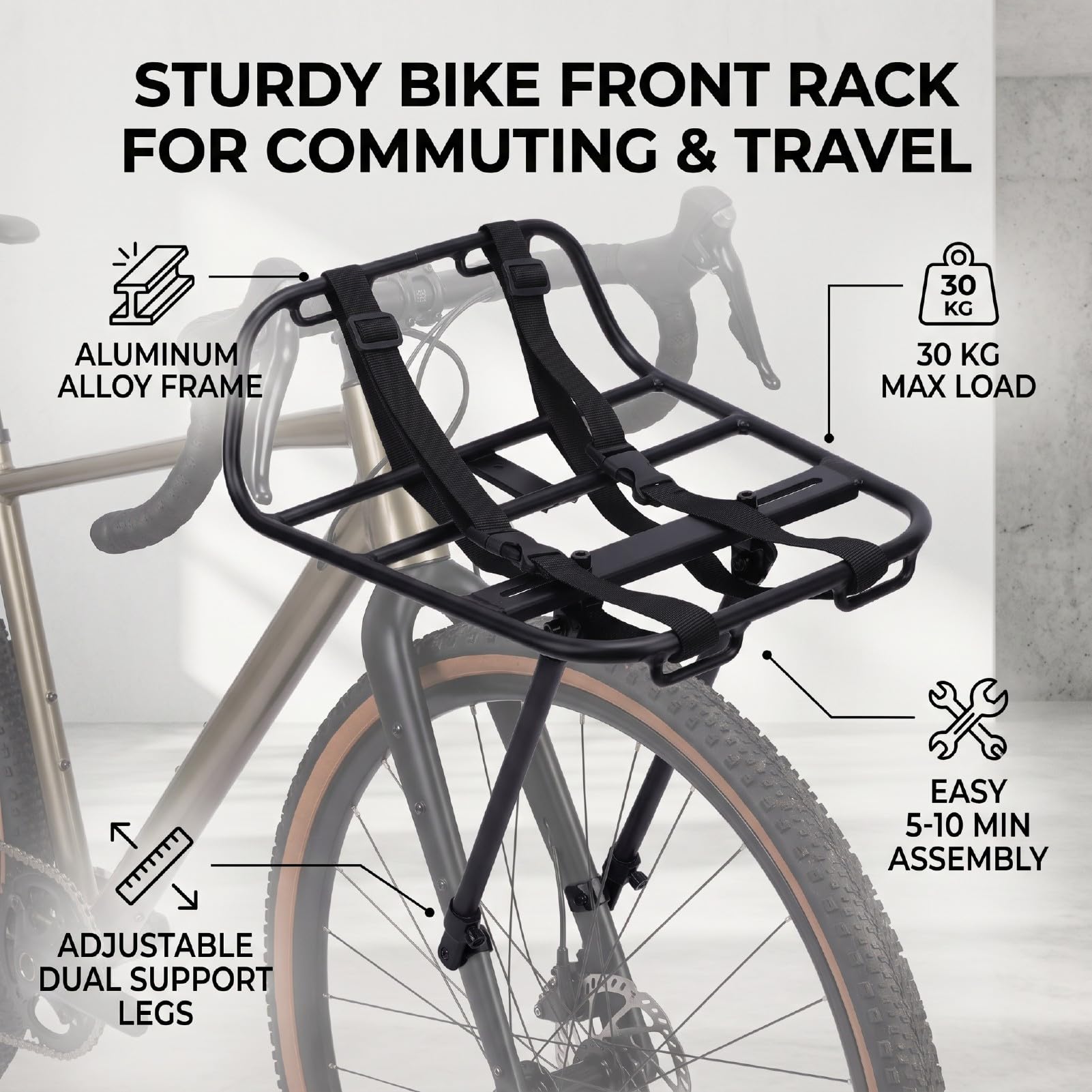 Asixxsix Bagażnik Przedni na Rower z Rozpórkami, Stop Aluminium | Obciążenie 30 kg, odłączany, uniwersalny do rowerów turystycznych 26–29 cali 700C Gravel Touring Commuter, torba do noszenia
