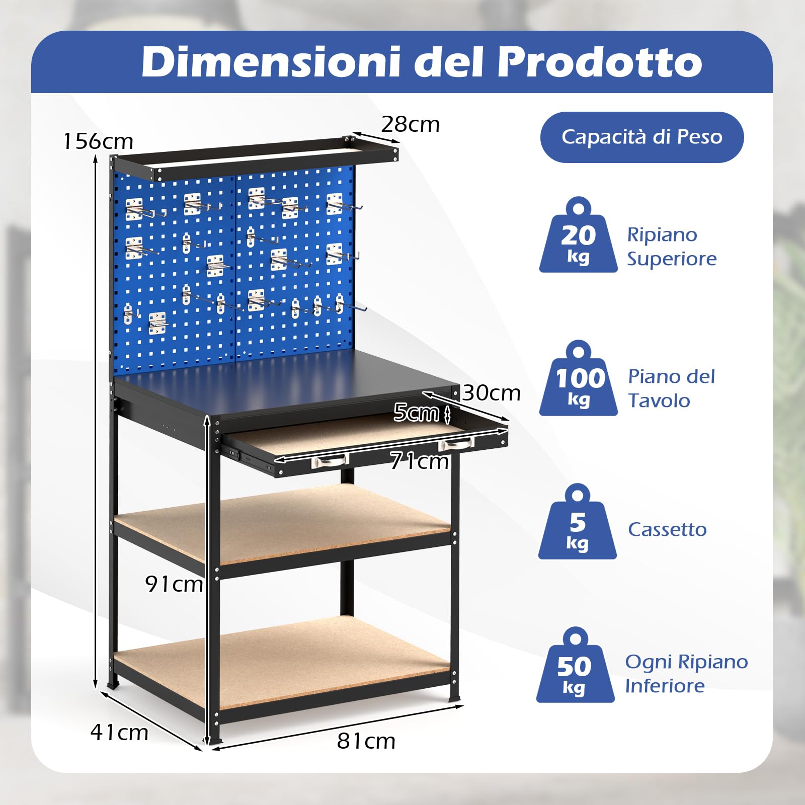 GYMAX Banco da Lavoro 81 x 41 CM con Pannello, Tavolo da Lavoro con 20 Ganci per Attrezzi, Cassetto e Ripiani Aperti, Stazione di Lavoro Pesante da 225 KG per Garage, Officina, Magazzino e Casa (Blu)