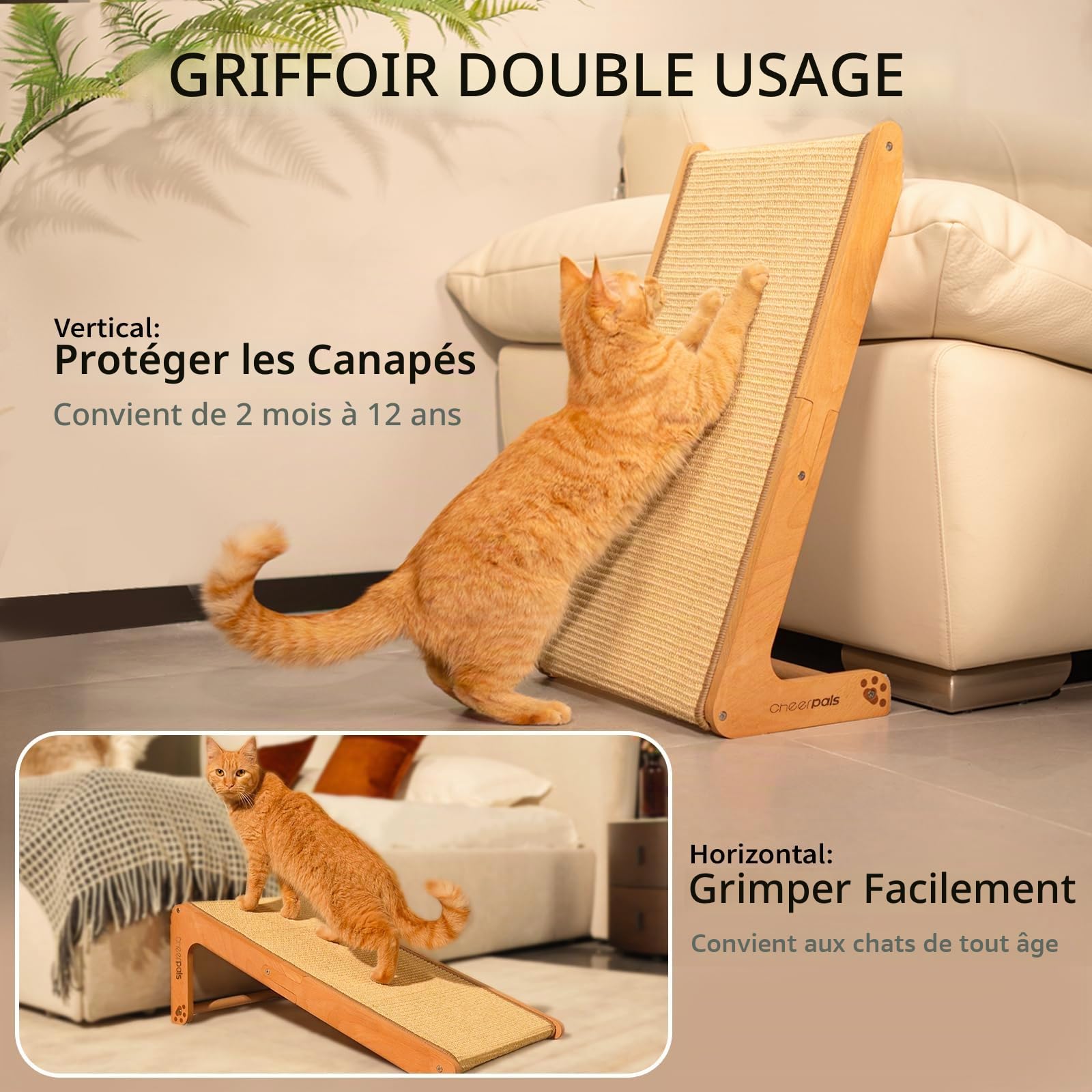 CheerPals Arbre à chat double face en sisal pour chat - 63 cm de haut - Bois de hêtre massif et sisal naturel - Arbre à chat en forme de L pour tous les chats - Pour jouer, se détendre