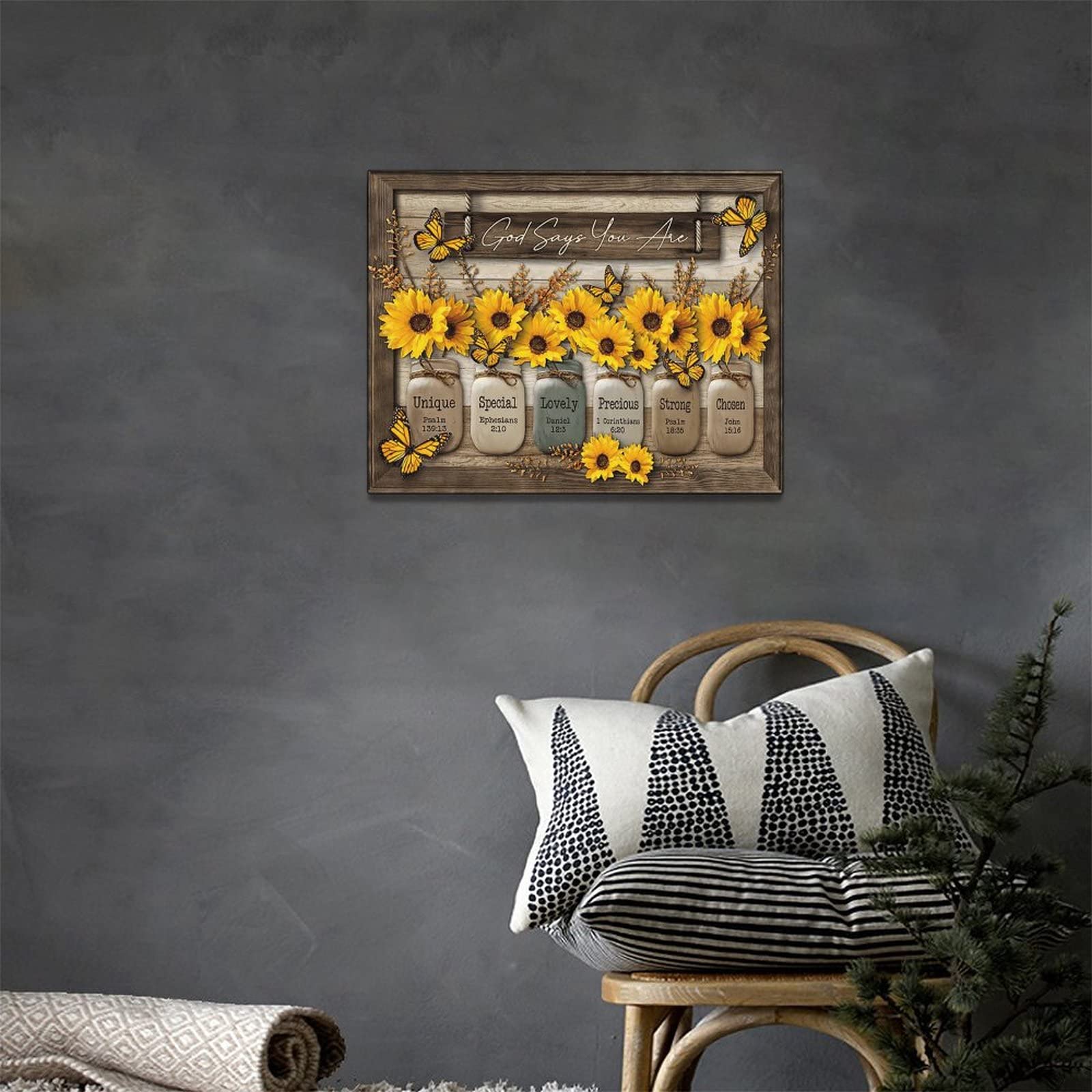 Christliches Wandbild Mit Sonnenblume & Schmetterling – 30,5x40,6 Cm, Rustikales Leinwandgemälde Mit Bibelzitat, Gerahmt