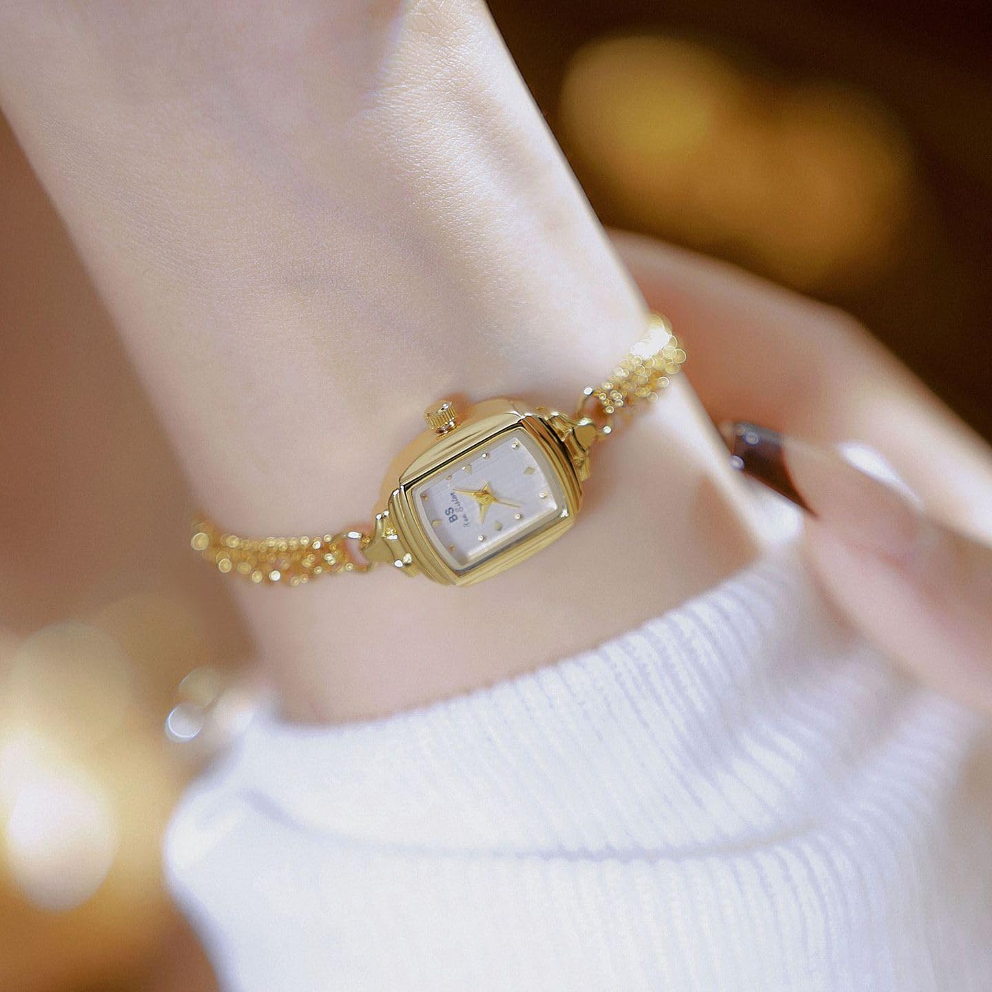 FANMIS Women Classic Vintage Bangle-Style Watch Dainty Small Dial Watch Luxury Dress Gold Bracelet Watch Ladies Minimalist Design Square Wrist Watches - Image 3