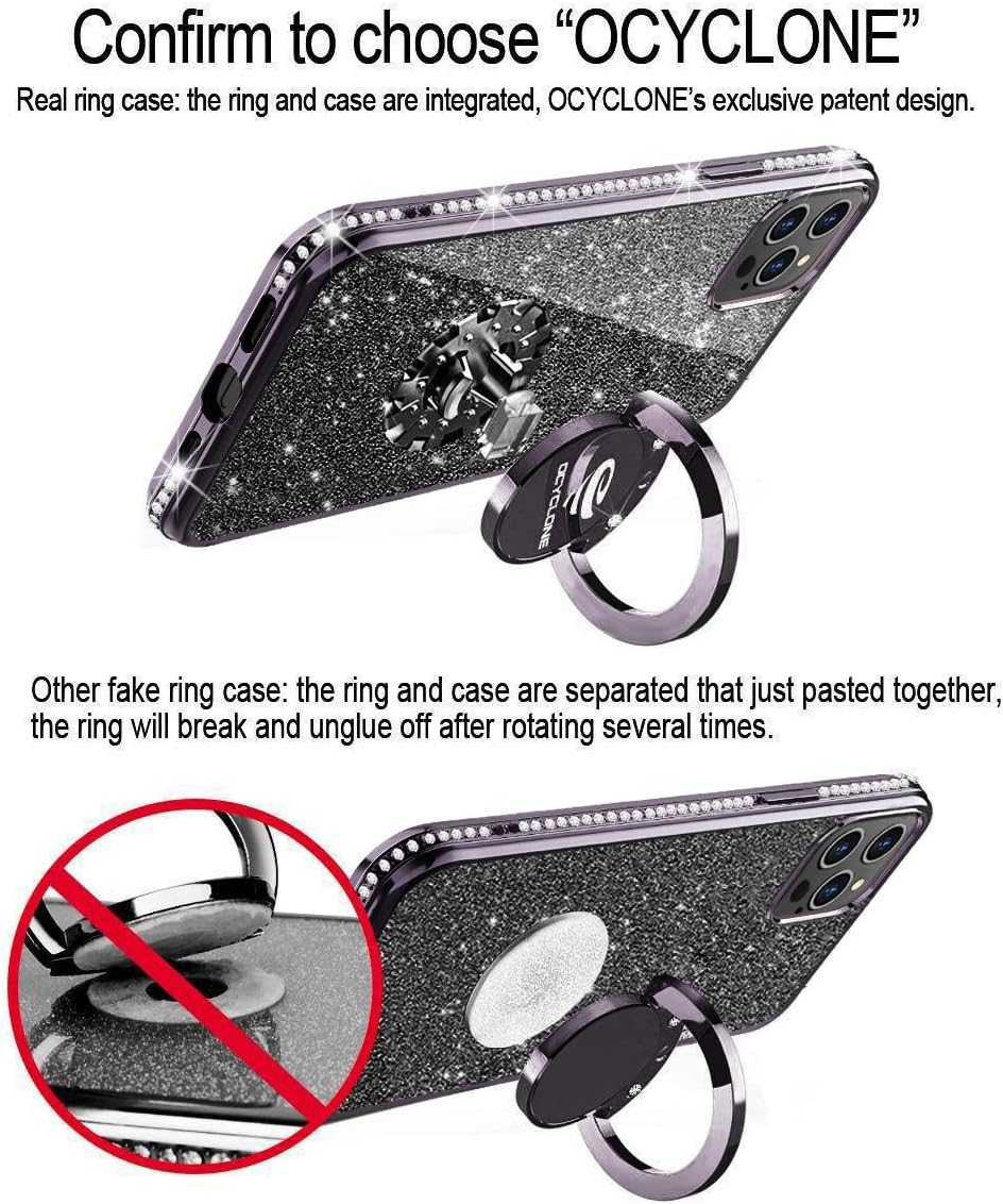OCYCLONE Compatible for iPhone 12 Pro Max Case, Cute Glitter Sparkle Bling Diamond Rhinestone Bumper Case with Ring Kickstand Women Girls Soft Protective Case for iPhone 12 Pro Max - Purple Black