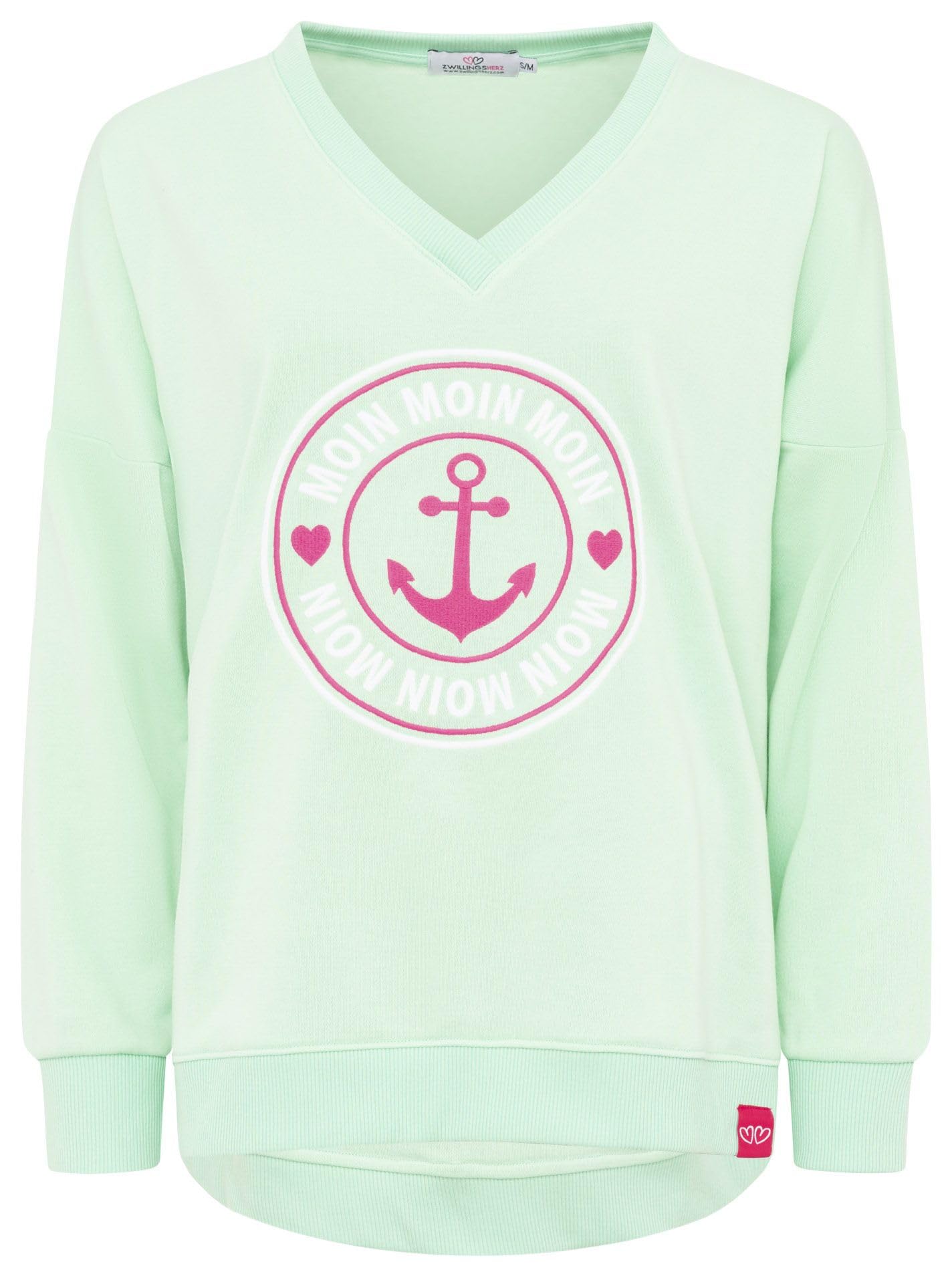 Zwillingsherz Damen Sweatshirt, Maritim-Design mit Anker, Mint, V-Ausschnitt