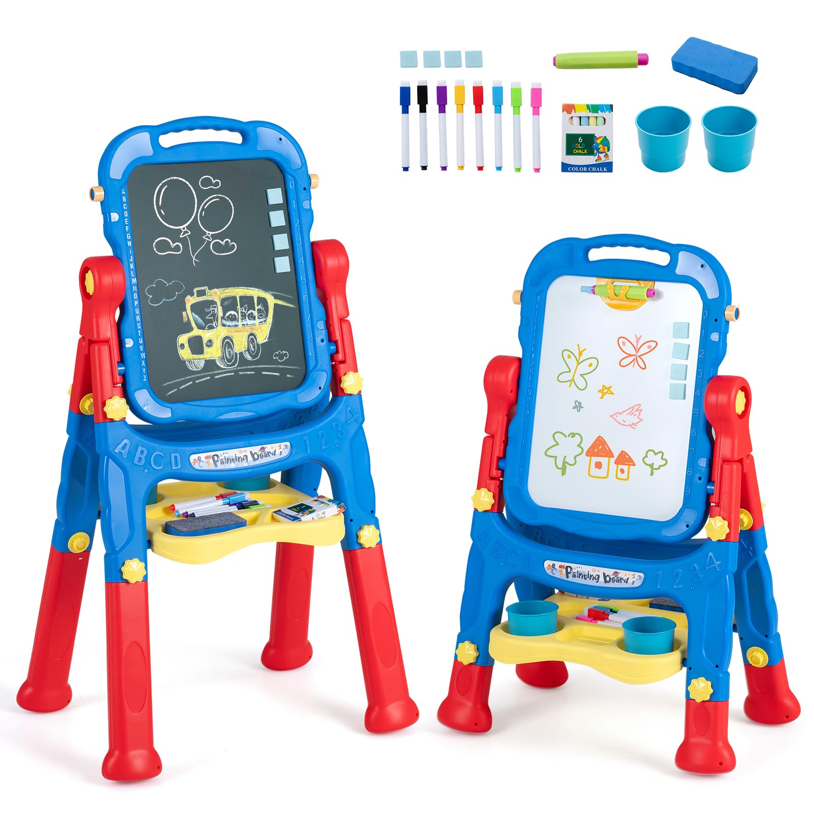 COSTWAY 4-in-1 Kids Easel with Magnetic Whiteboard (Blue+Red)