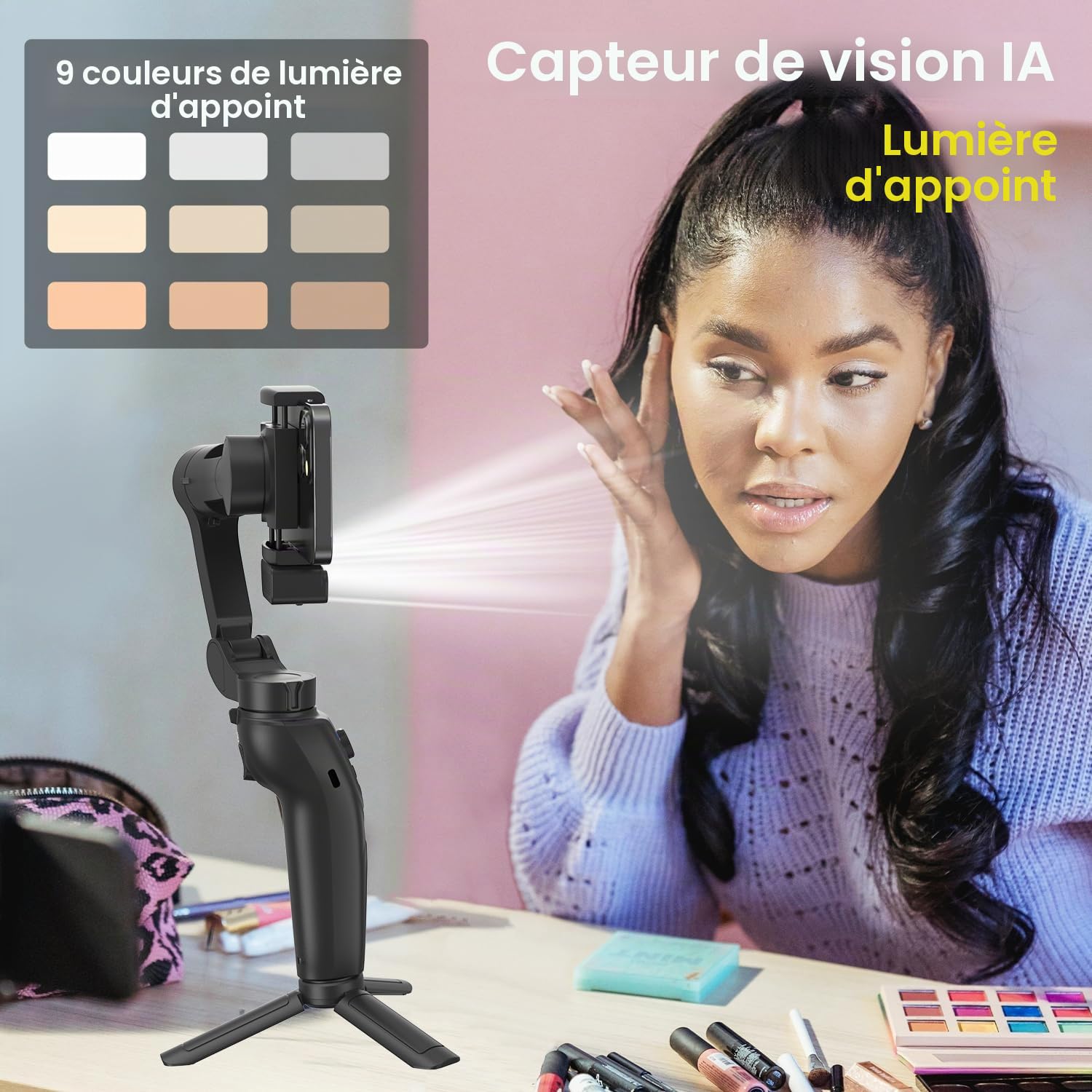 Stabilisateur Smartphone,AI Face Tracking 7.0,Gimbal Stabilisation 3 Axes,Contrôle Gestuel,Lumière Remplissage,Pliable&Portable pour Android/iPhone Vidéo,Vlogging,Youtube,TikTok
