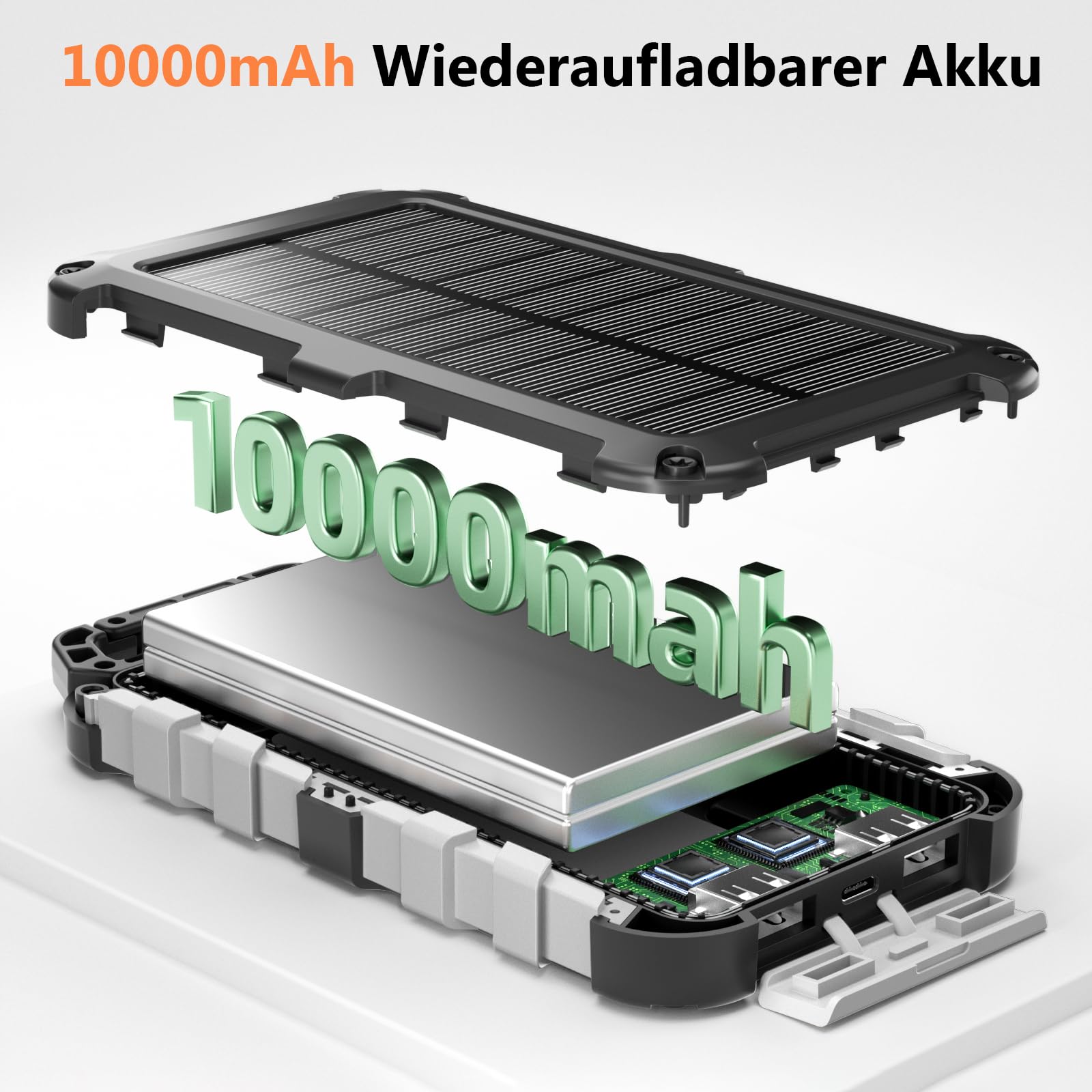 Solar Powerbank 10000mAh, 22.5W Tragbare Solar Ladegerät USB C Externer Akku Outdoor Wasserdichtes mit LED-Licht und 3 Ausgängen für Smartphones Tablets Camping,Grau