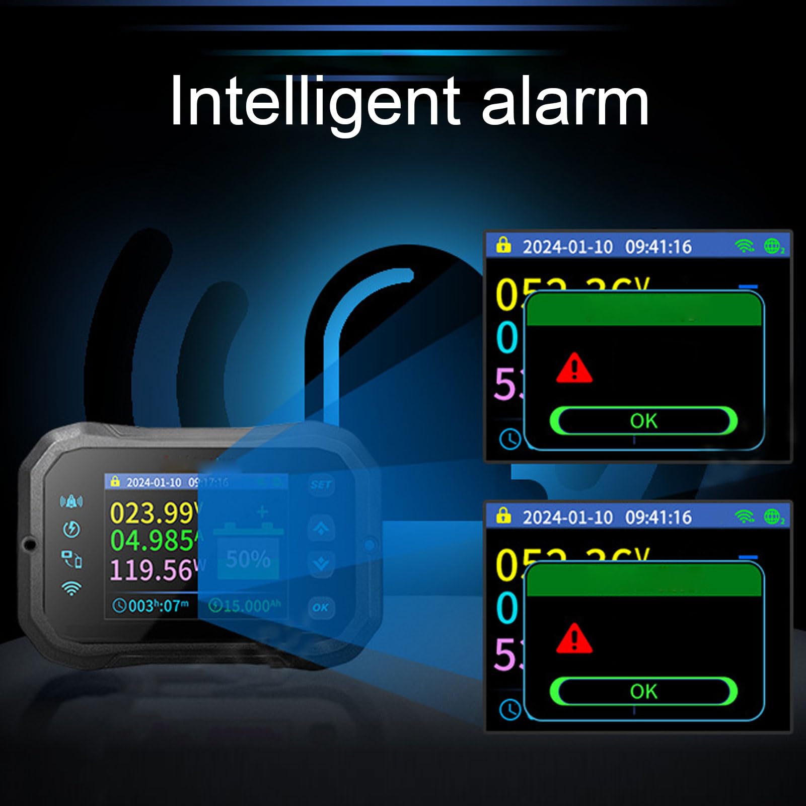 Cryfokt Misuratore Batteria WiFi, Display da 2,4 Pollici Monitoraggio Remoto in Tempo Reale per Tensione Corrente Potenza con Connessioni APP WiFi BT, per Scooter Elettrico per Auto RV