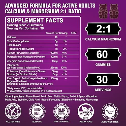 Miniatura 2 de Gomitas de calcio y magnesio y zinc con alta absorción, glicinato de magnesio y potasio, complejo vegetal, proporción de calcio y magnesio 21, con