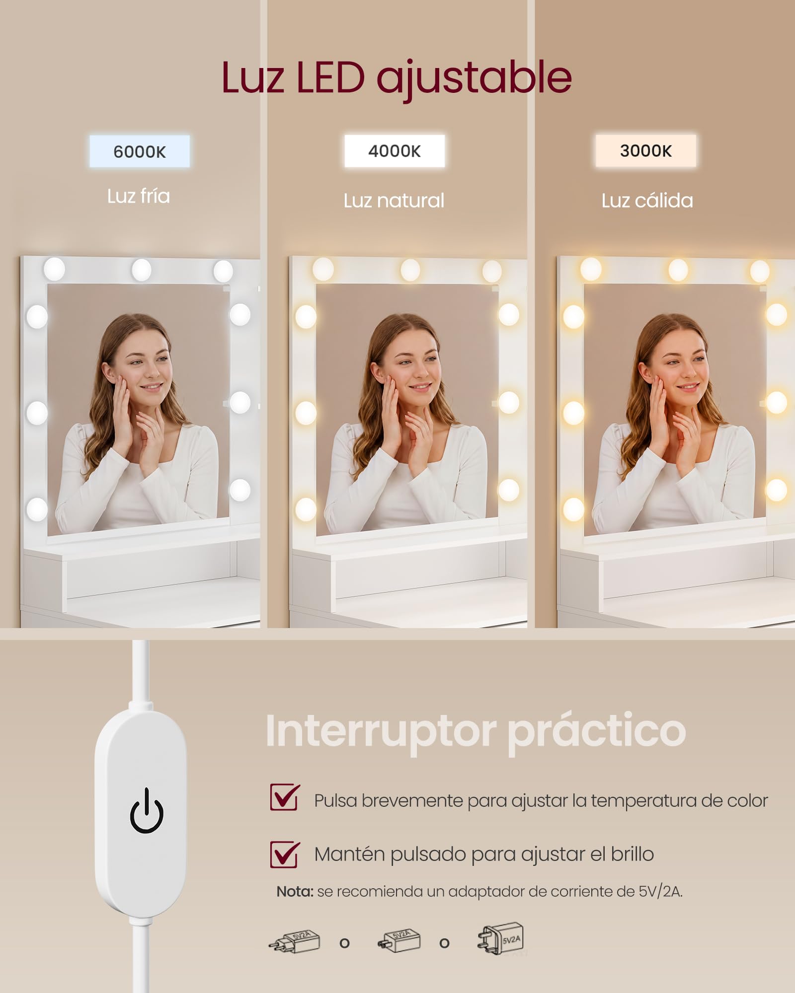 VASAGLE Tocador de Maquillaje con Luz, Mesa de Maquillaje con Espejo y Cajones, Escritorio con Enchufe y Puertos USB, 80 x 40 x 144,3 cm, Blanco Nube, Colección Kailyn RDT241WB01