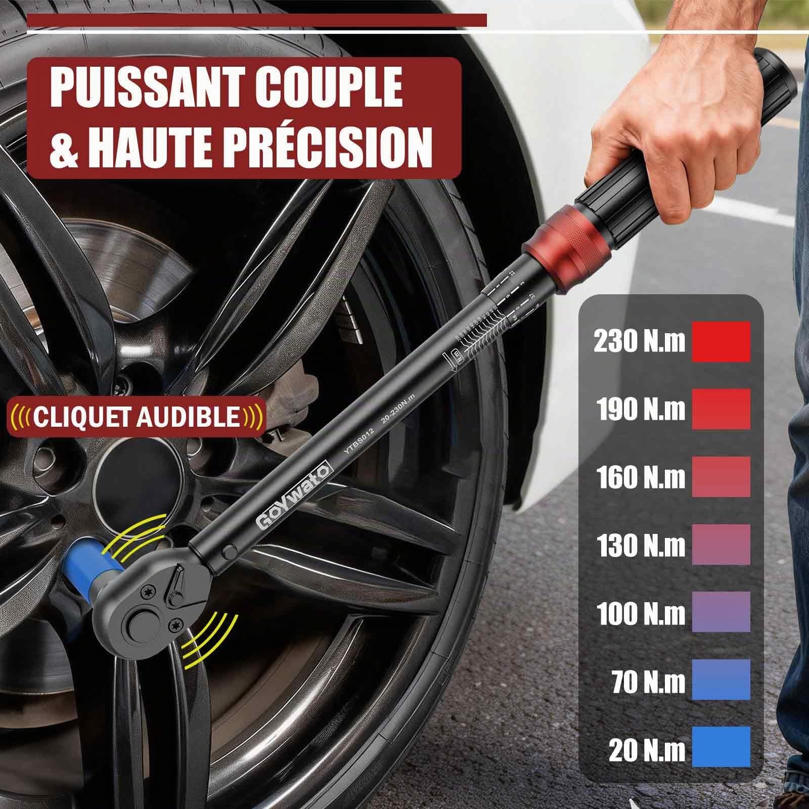 Clé Dynamométrique 1/2" 20-230 Nm - Cle Dynamometrique Voiture, Cliquet à 72 Dents, avec Barre D'extension 125mm & Adaptateur 1/2"-3/8" & Douilles 17mm/19mm/21mm, pour Voiture, Moto, Changer Les Pneus
