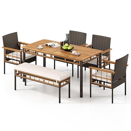Tangkula 6 Pieces Patio Dining Table Set, Outdoor Rectangular Acacia