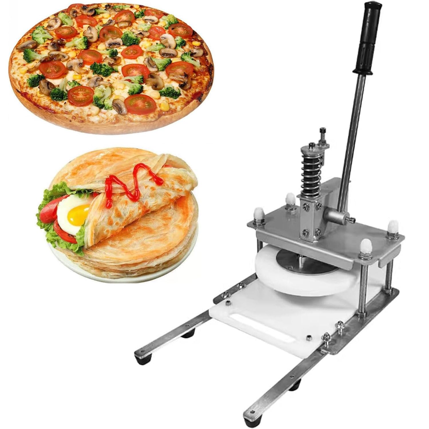 Pressa per impasto per pizza, in acciaio inox, con manico allungato, pressione di 300 kg e spessore regolabile per pizza, tortillas, pasta sfoglia