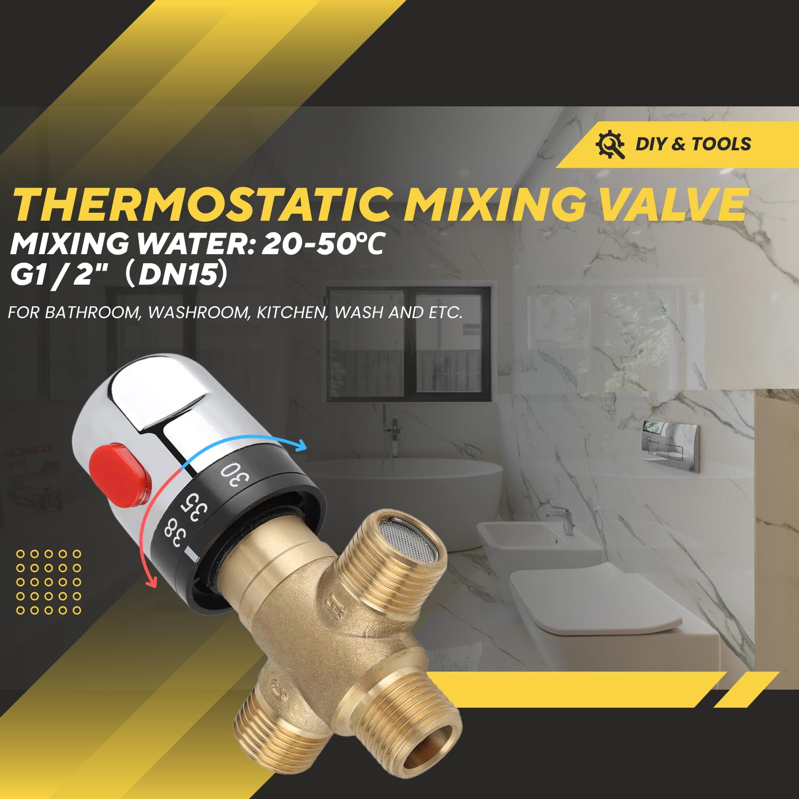 Thermostat Chauffe Eau Mélangeur Mitigeur Thermostatique en Laiton G1/2" 15 mm Avec Limiteur de Température 38-42°C Pour Salle de Bain Douche Lavabo Sécurité Anti-Brûlure