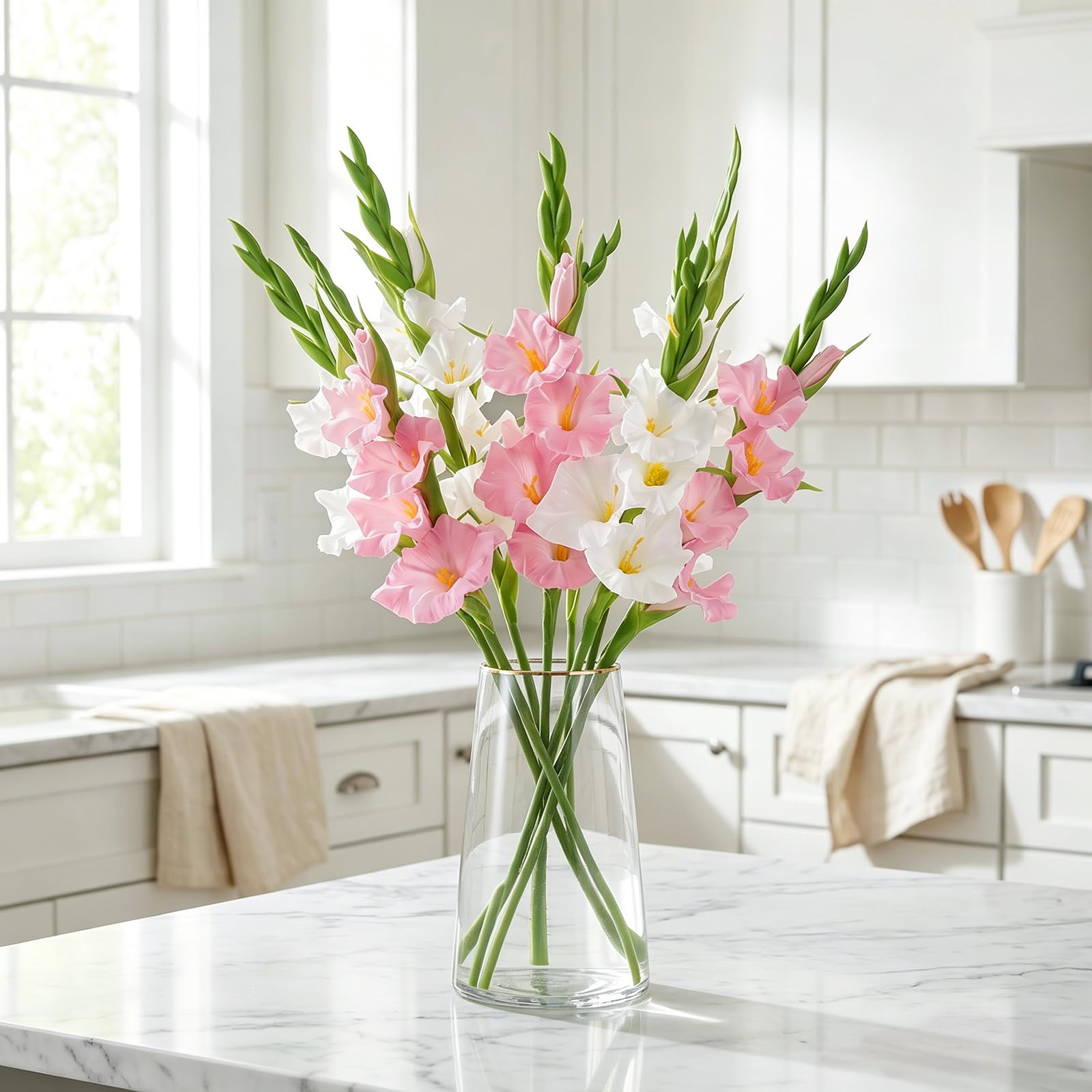 Künstliche Gladiolen, weiße und rosa, künstliche Gladiolen, Seide, Gladiolen, Blumen mit Stielen, künstliche Gladiolen, Blumen für Hochzeit, Garten, Zuhause, Party, Tisch, Blumenarrangement