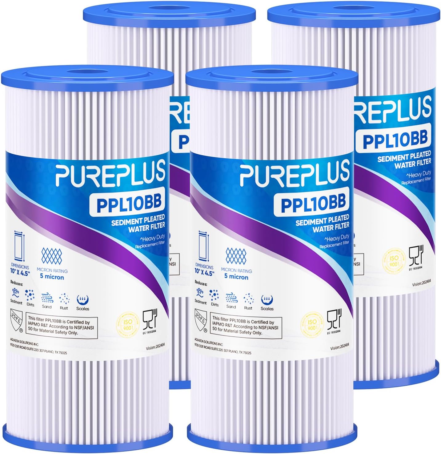PUREPLUS 10" x 4.5" Whole House Pleated Sediment Filter for Well Water, Replacement Cartridge for GE FXHSC, Culligan R50-BBSA, Pentek R50-BB, DuPont WFHDC3001, American Plumber W50PEHD, GXWH40L, 4Pack