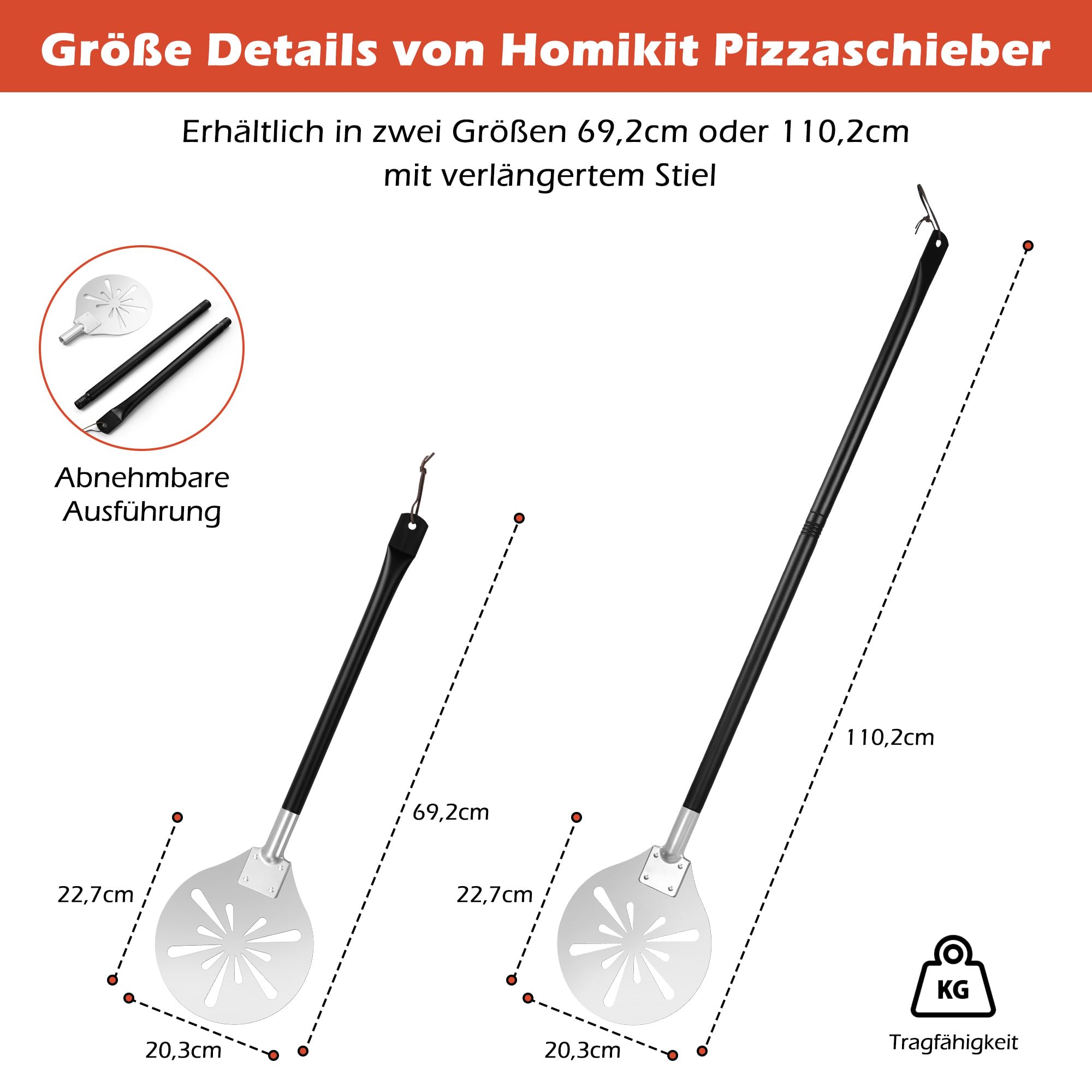 Pizzaschieber Mit Abnehmbarem Griff – 20,3 Cm Rund, Aluminium, 40 Cm Griff Für Ofen & Grill