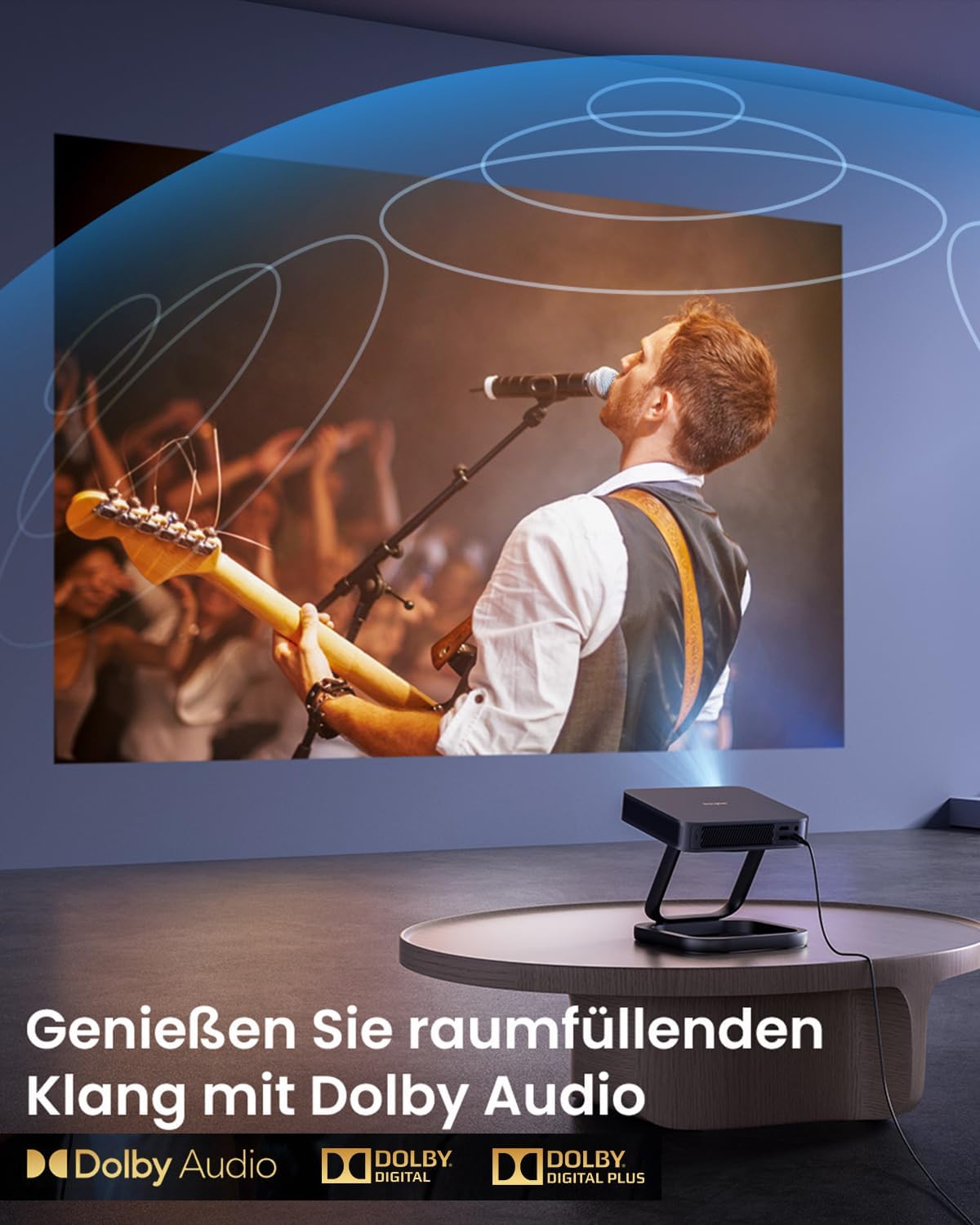 Image showing a concert scene projected, with Dolby Audio logos indicating immersive sound