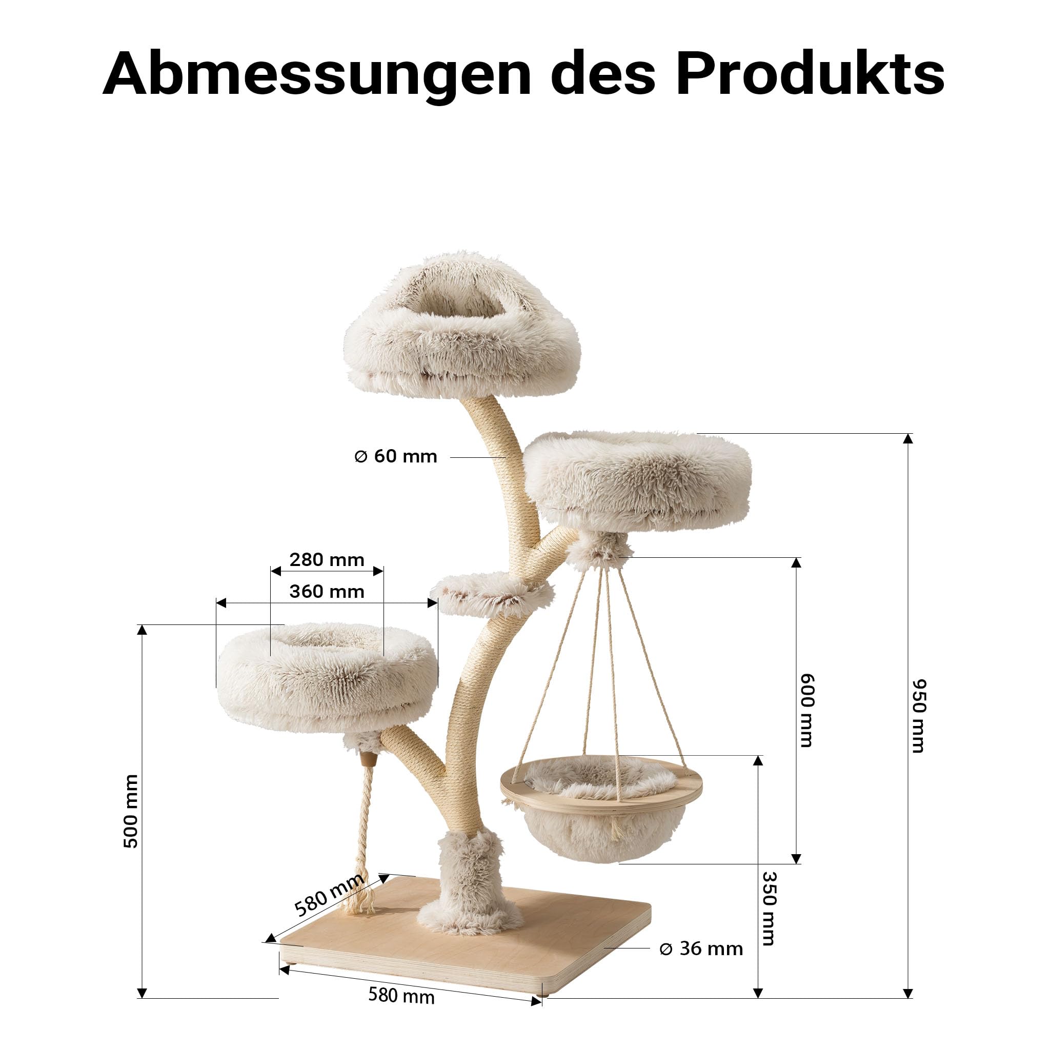 Fudajo Designer Kratzbaum in Zweigdesign 130 cm hoch, Katzenkratzbaum mit Plüsch und Sisal, Kletterbaum für Katzen, Katzenbaum mit Hängeliege