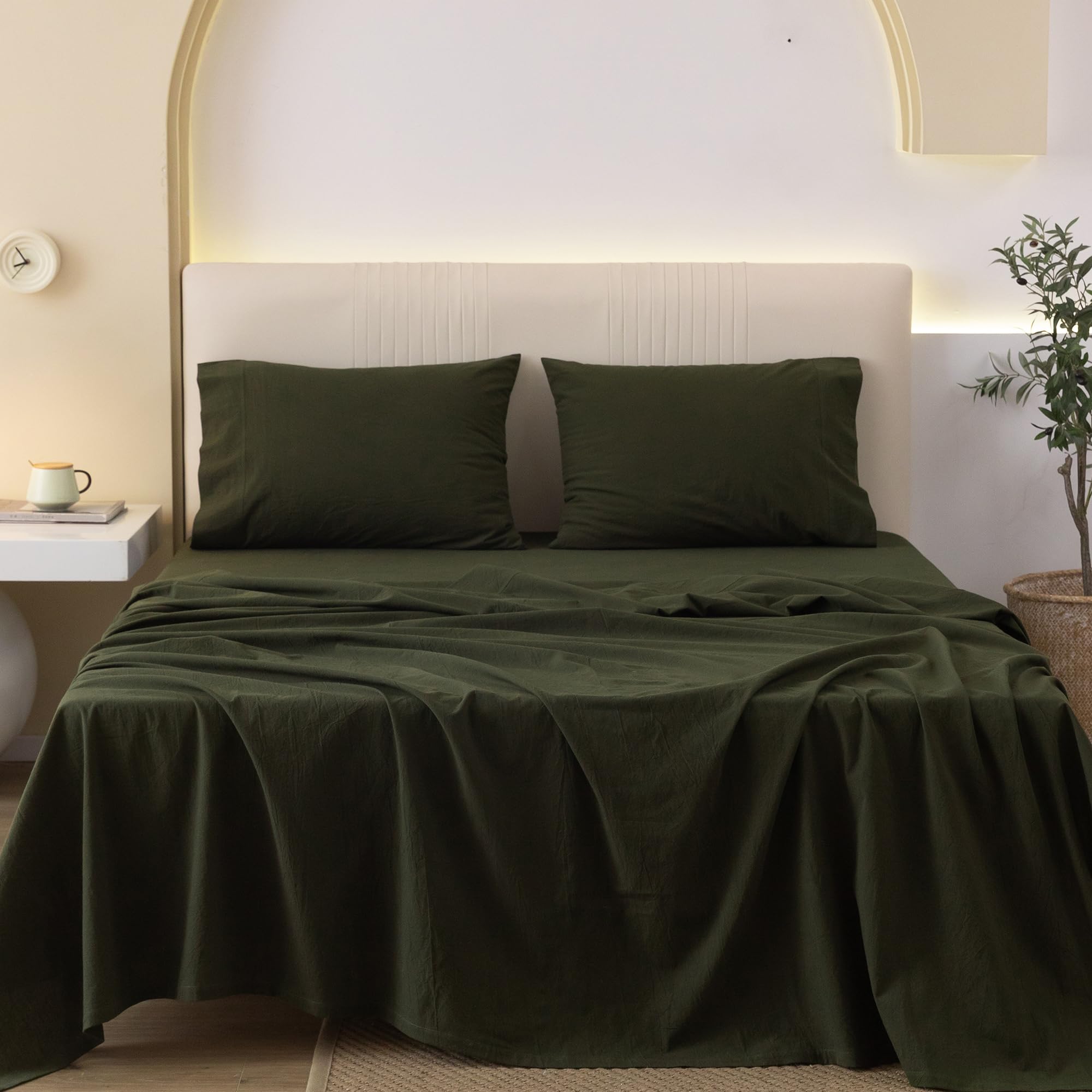 JIYUAN 100% Washed Cotton Sheet Set Comfy Simple Style Soft Breathable Textured Durable Linen Feel Bedding for All Seasons Queen Size,Solid Olive Green