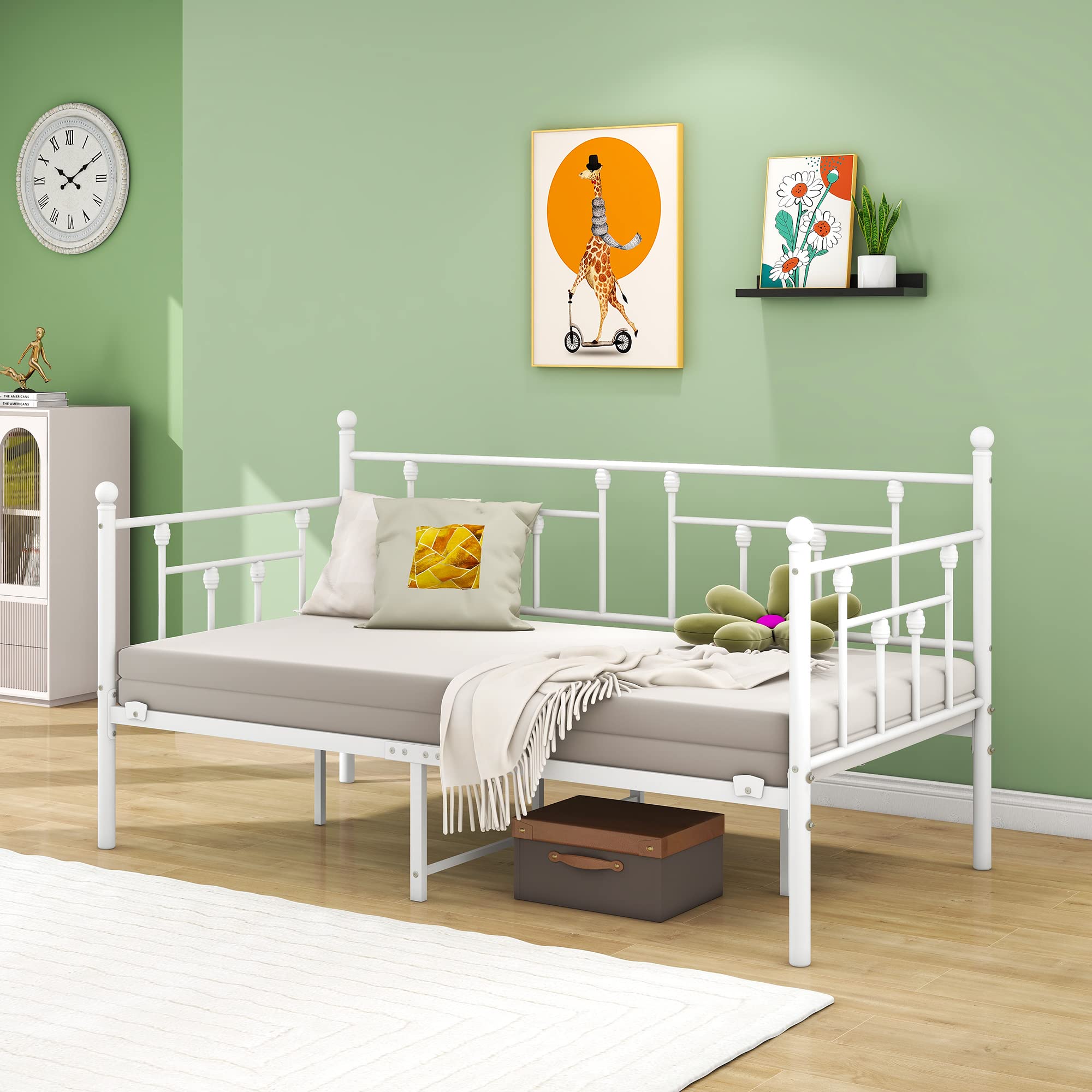 Marco de cama de 90 x 200 cm, sofá individual con somier de láminas para habitación de invitados, jóvenes, cama de metal para dormitorio, sala de estar, color blanco