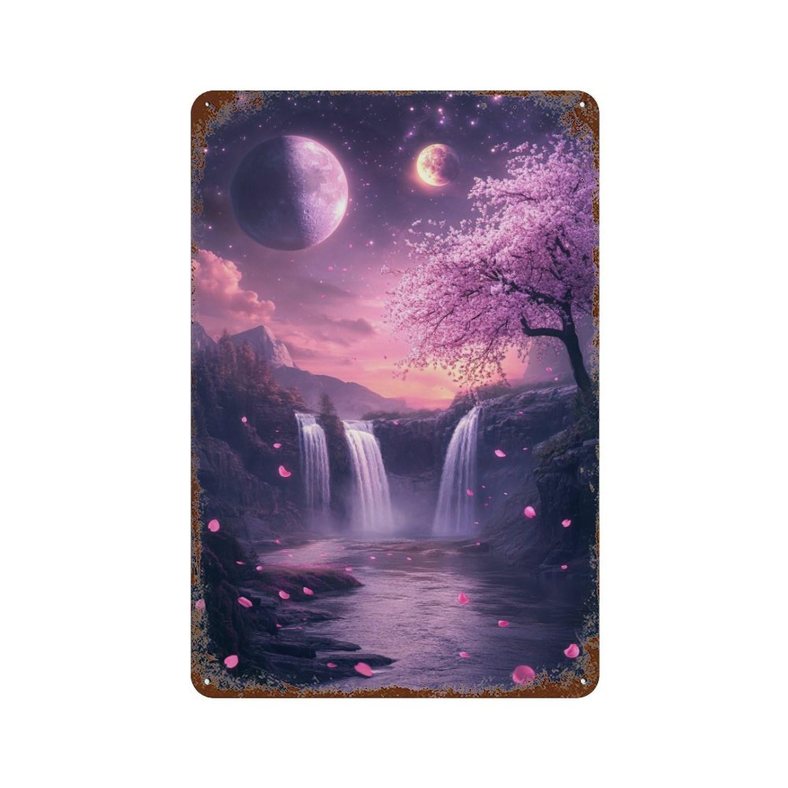 Fantasy Waterfall with Cherry Blossoms Retro Metal Sign 11.8"x7.9", for Patio, Garden Room And Bar Decor, Vintage Wall Decor