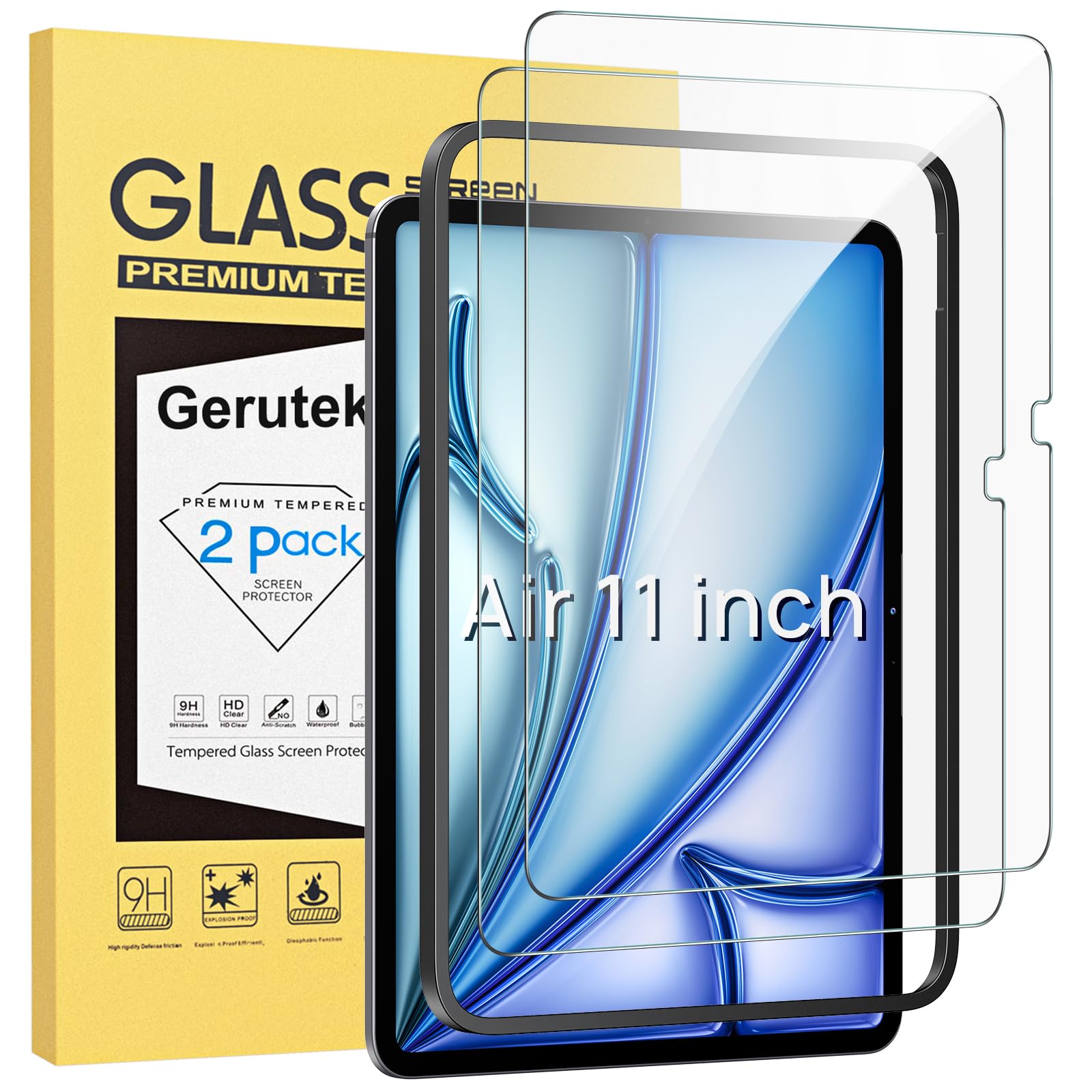 Gerutek Ochraniacz ekranu do iPada Air 27.9 cm (M3) 2025/ (M2) 2024 Premium [łatwa ramka montażowa] [szkło hartowane] [odporne na zarysowania] [twardość 9H] do iPada Air 27.9 cm folia ochronna na