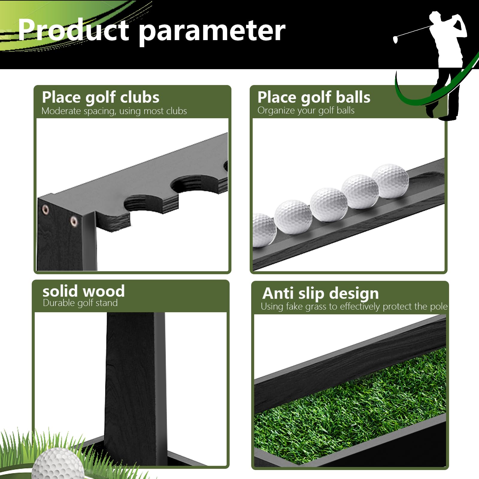 Soporte para palos de golf, estante de madera para palos de golf, estante de exhibición interior, organizador de palos de golf para almacenamiento de 8 palos y 11 pelotas, estante de golf para