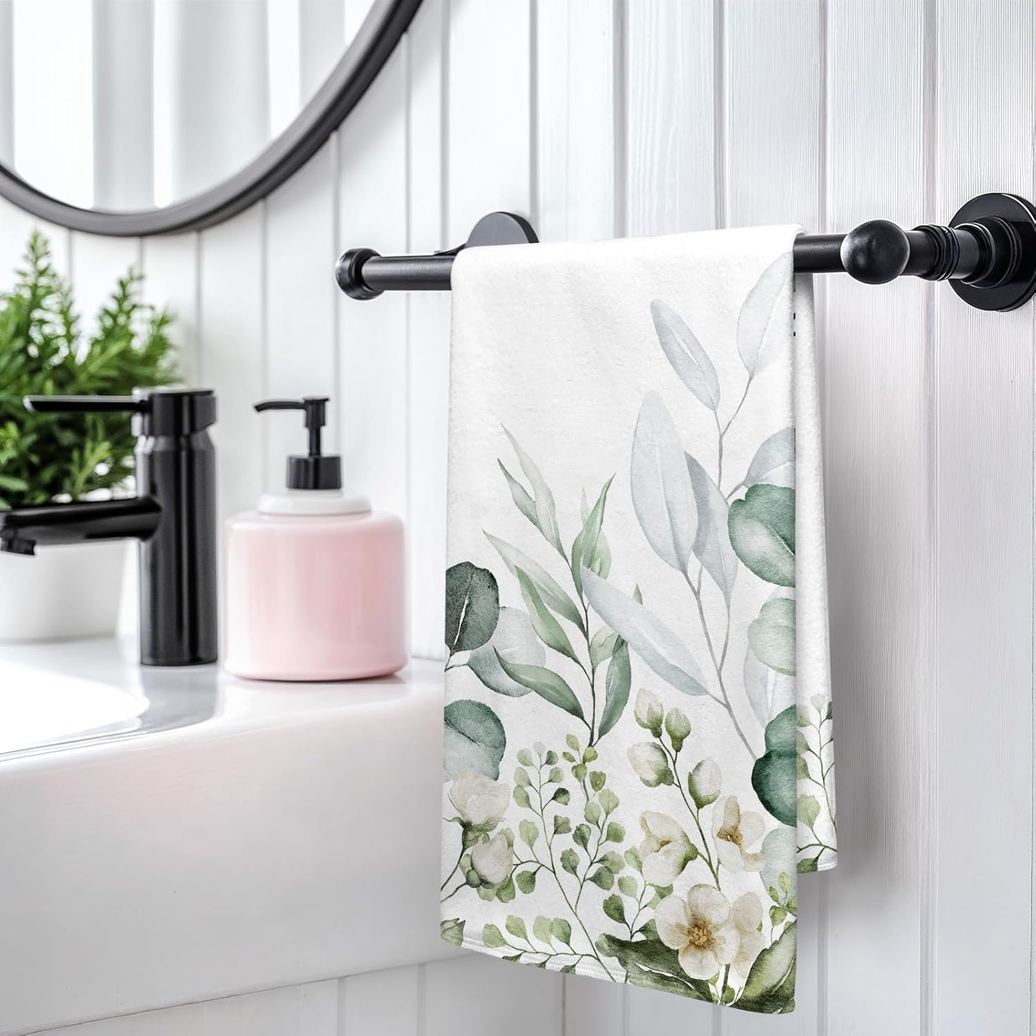 2 Pack Sage Green Eucalyptus Bathroom Hand Towels Decorative Green White Floral Leaves Dish Kitchen Towels 16x27 Inch Soft Botanical Absorbent Microfiber Bath Fingertip Towels Hotel Spa Decor - Image 3