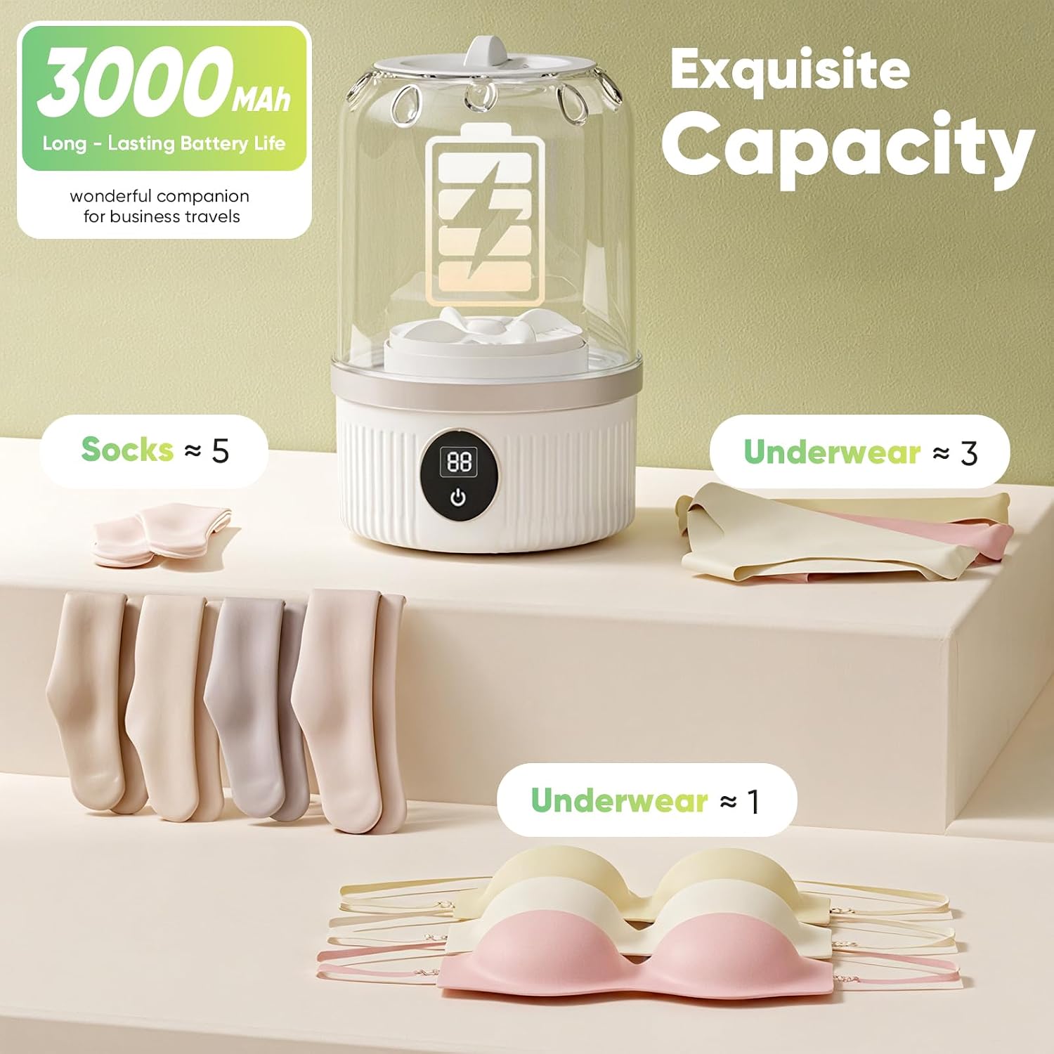 Portable Mini Washing Machine, Rechargeable Cordless Underwear Washer, Ultrasonic Travel Laundry Cup for Bras/Underwear/Socks, Compact Washer for Delicates (White)
