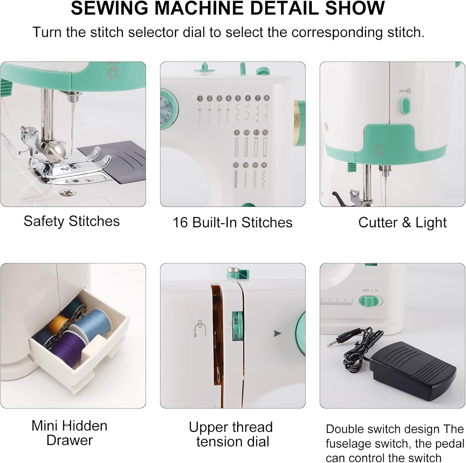 Twin Needles Sewing Machine, Double Needle and Double Thread, 16 Stitch Applications, Lightweight Household Electric Sewing Machine for beginners, with Foot Pedal, Light, Storage Drawer, Accessory Kit